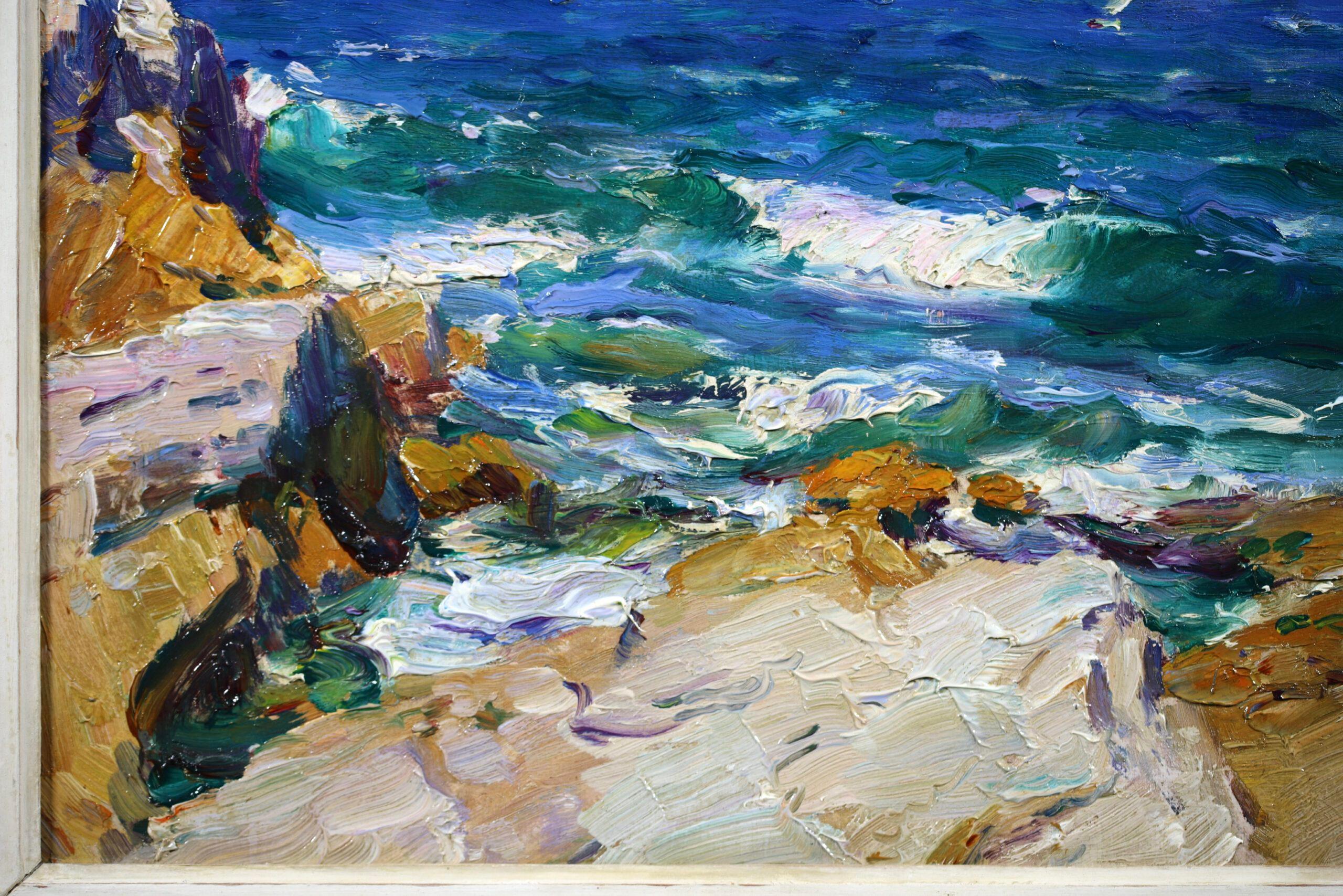 Huile de mer sur panneau signée vers 1910 par le peintre français post impressionniste Adolphe Louis Gaussen. L'œuvre représente une vue de la mer d'un bleu éclatant depuis un rivage rocheux sur la côte de Marseille, en France. Il y a un petit