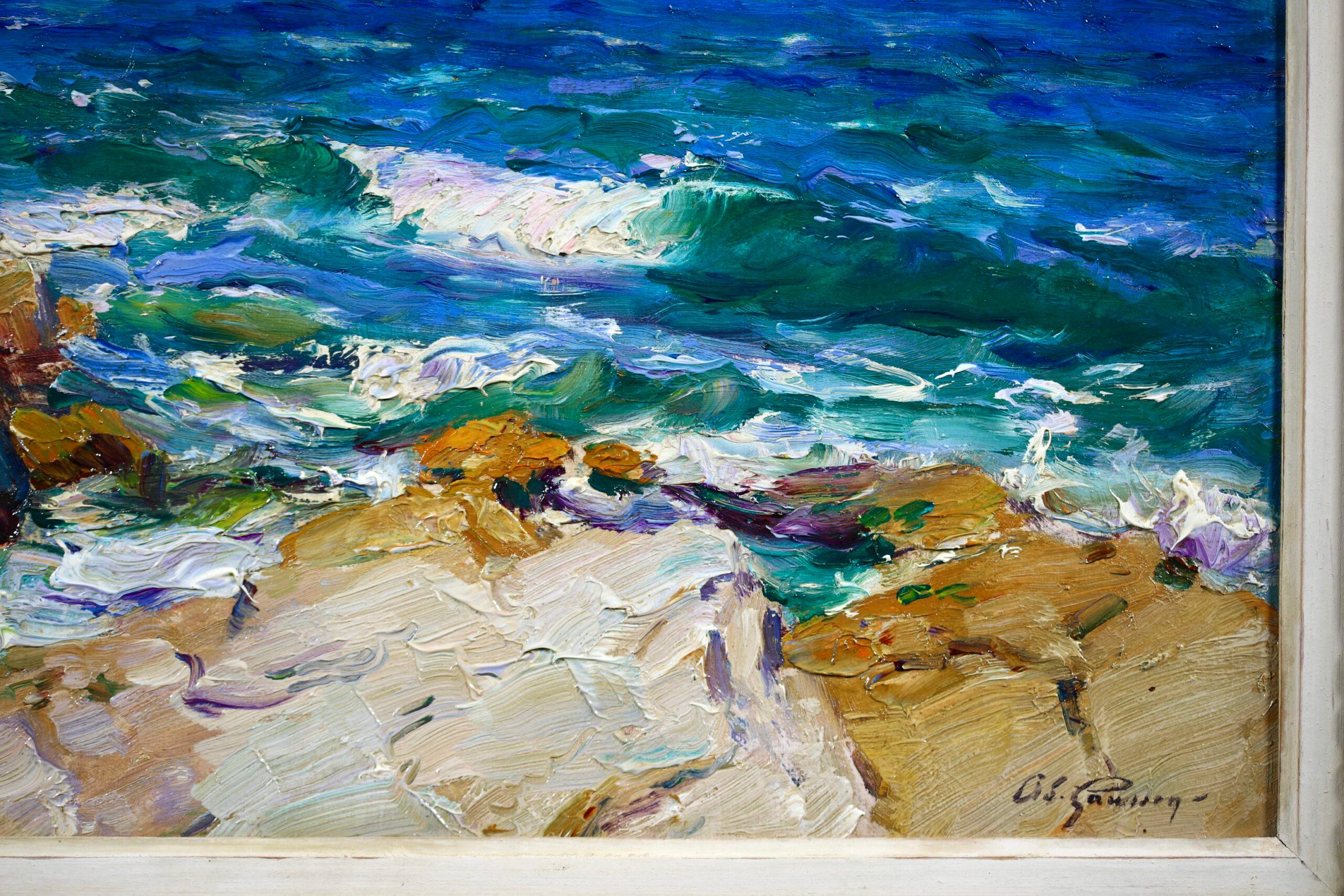 Signed seascape oil on panel circa 1910 by French painter post impressionist painter Adolphe Louis Gaussen. The work depicts a view of the bright blue sea from a rocky shoreline on the coast of Marseille, France. There is a small white sailing boat
