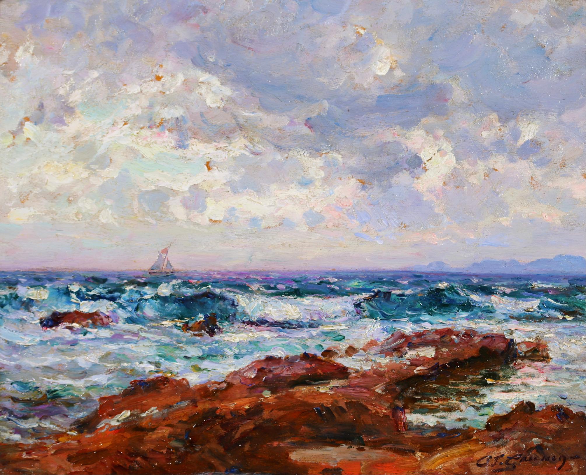 La Pointe-Rouge - Paysage maritime post-impressionniste Huile de Louis Gaussen - Painting de Adolphe Louis Gaussen