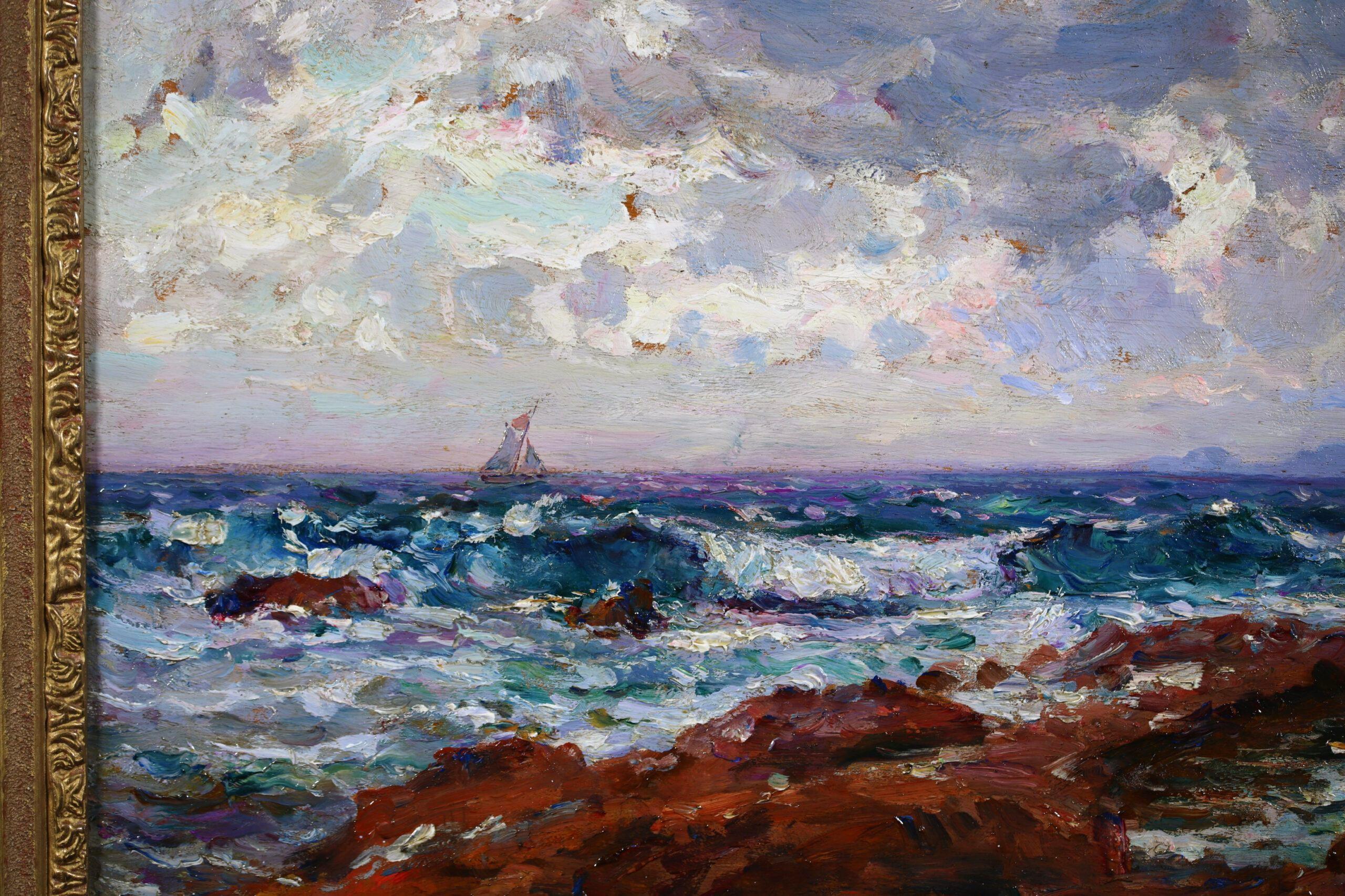 Signed oil on panel seascape circa 1920 by French post impressionist painter Adolphe Louis Gaussen. The work depicts a view of waves cascading against a rocky shore. A sail boat is sailing below cloudy skies.

Signature:
Signed lower right & titled