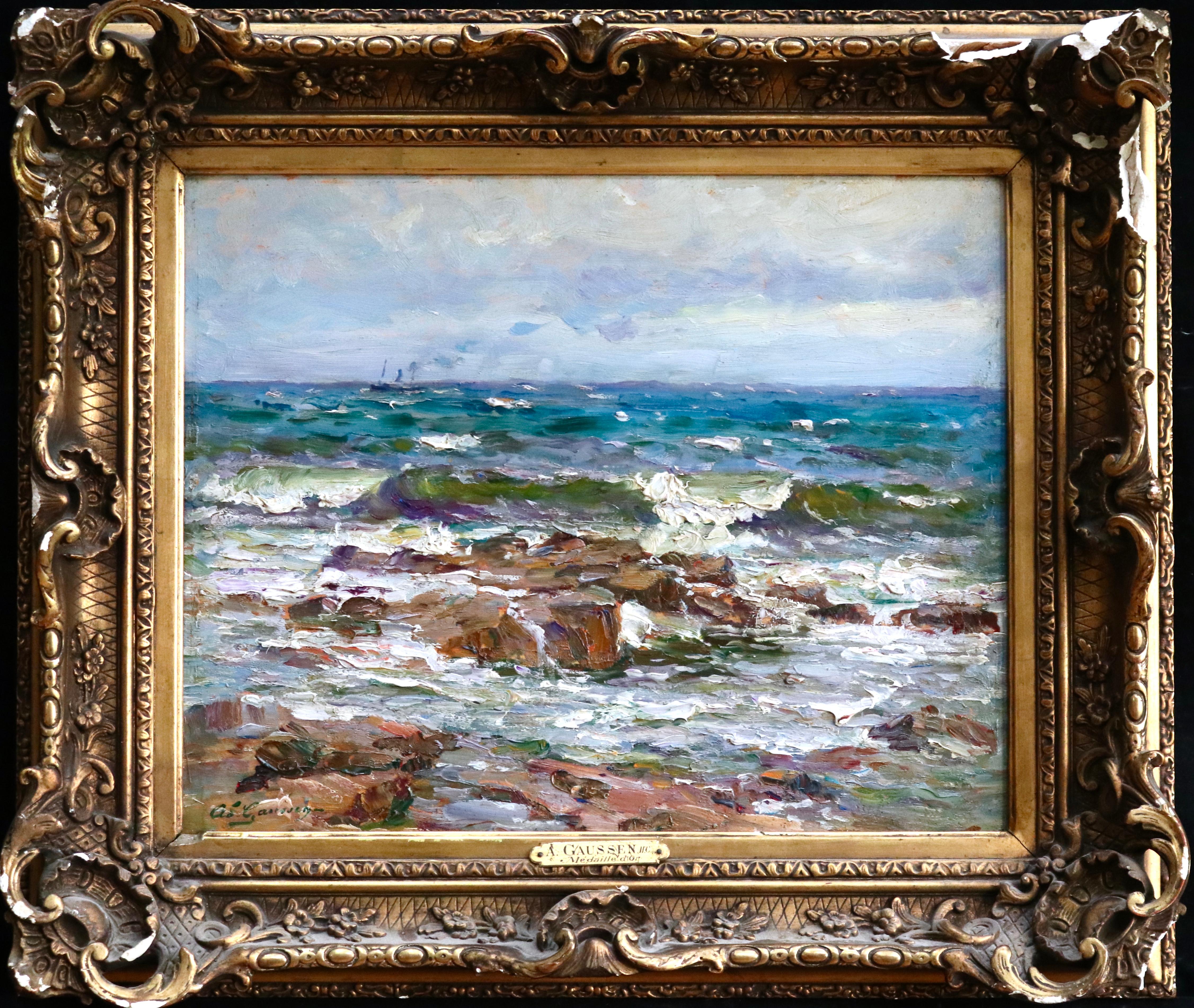 The Coast - Saint Maxime - Huile du 19e siècle, paysage de bateau en mer par Gaussen - Painting de Adolphe Louis Gaussen