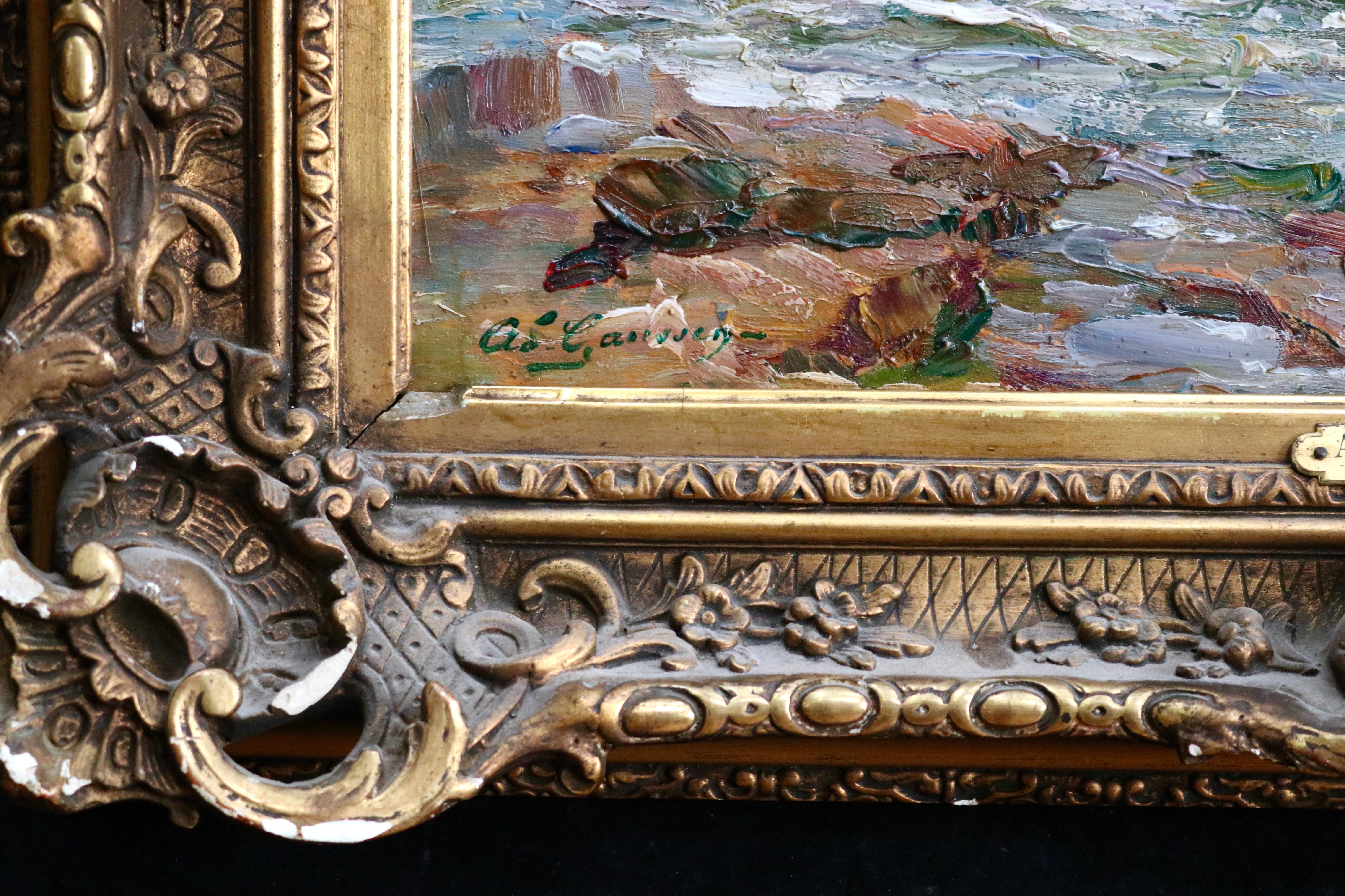 The Coast - Saint Maxime - Huile du 19e siècle, paysage de bateau en mer par Gaussen - Post-impressionnisme Painting par Adolphe Louis Gaussen