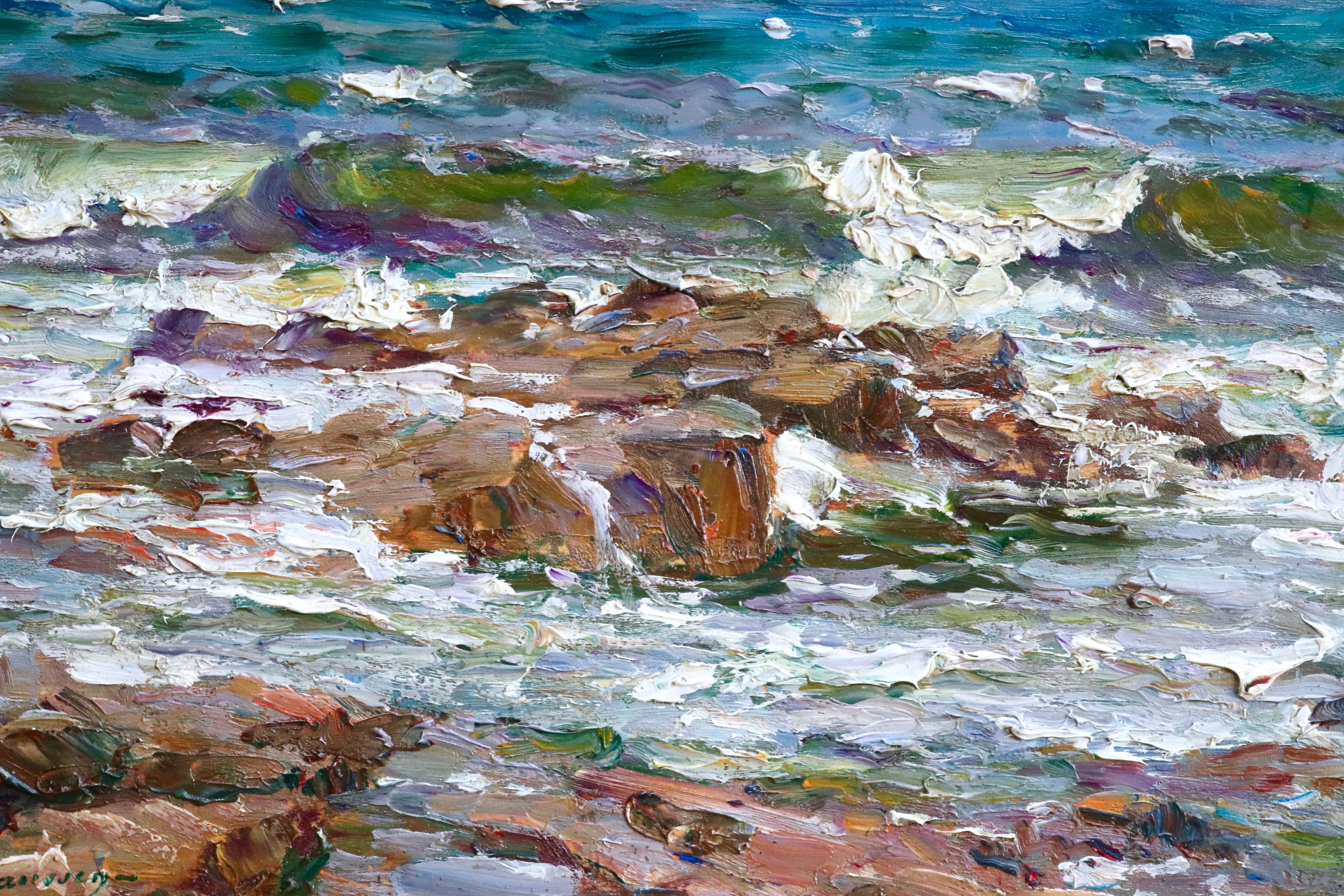 The Coast - Saint Maxime - Huile du 19e siècle, paysage de bateau en mer par Gaussen - Gris Landscape Painting par Adolphe Louis Gaussen