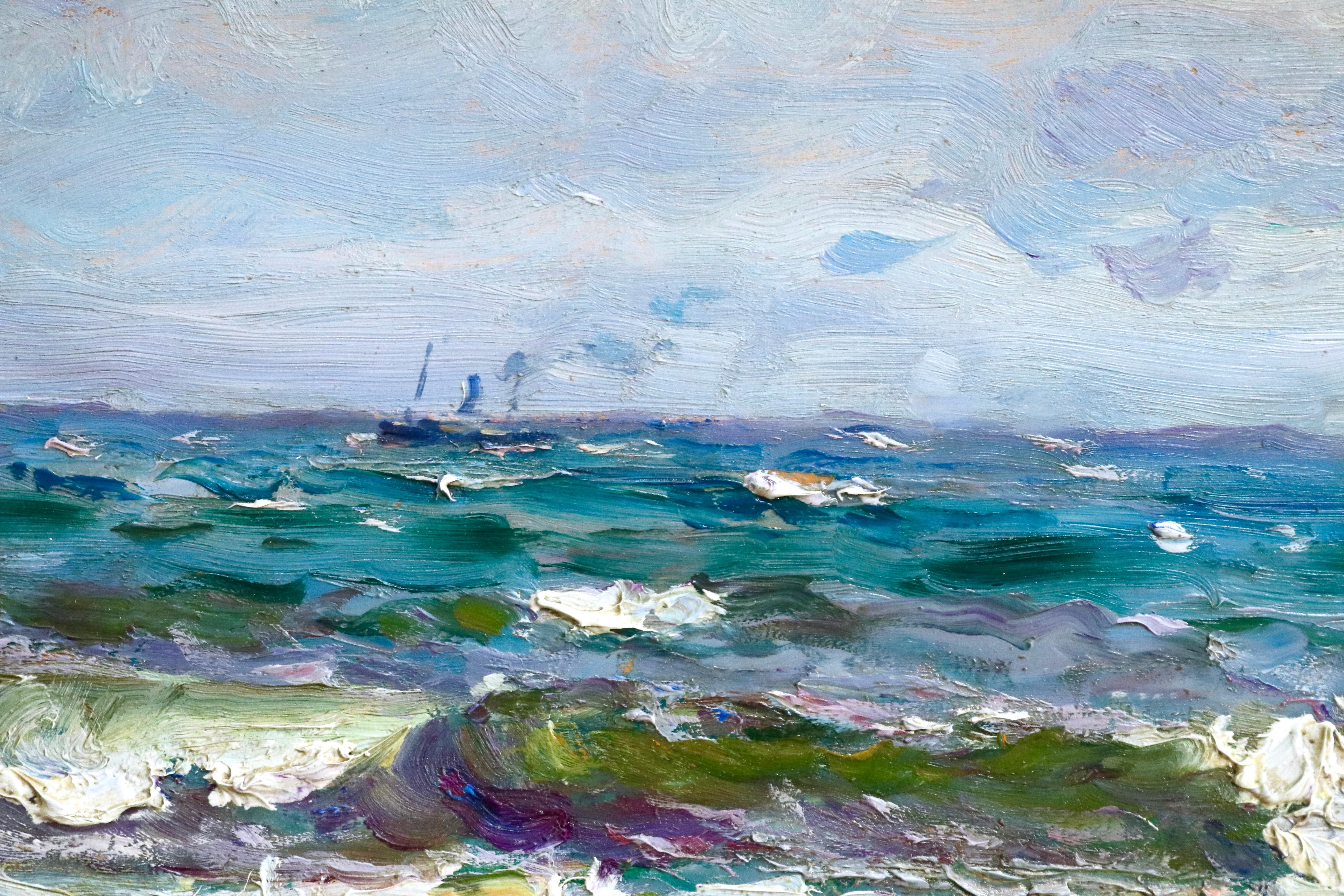 Une belle peinture de vagues s'écrasant sur les rochers au large de la côte de Sainte-Maxime par Adolphe Louis Gaussen. Huile sur panneau vers 1920. Signé en bas à gauche. Les dimensions du cadre sont de 19 pouces de haut par 22 pouces de