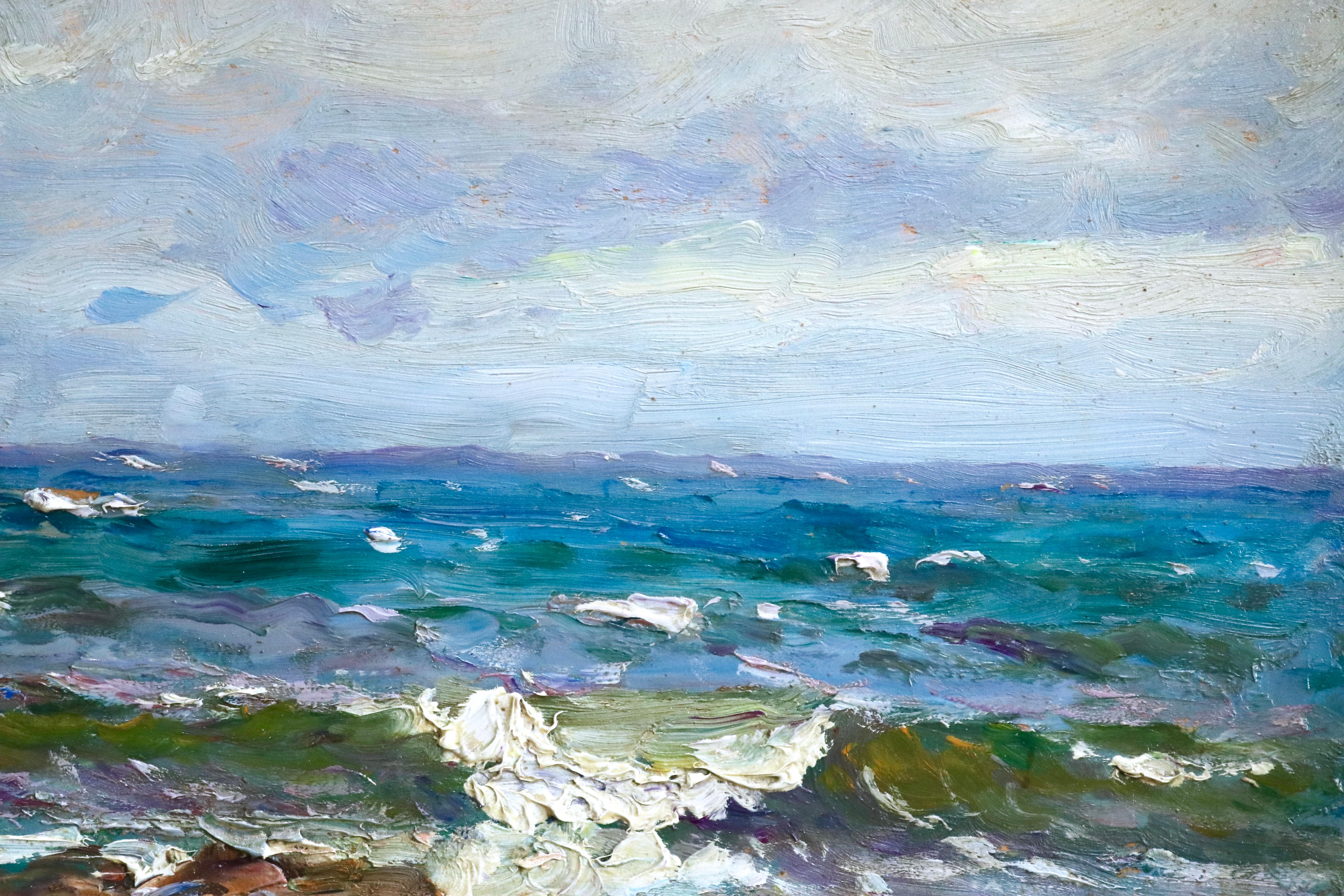 On The Coast - Saint Maxime - 19th Century Oil, Boat at Sea Landscape by Gaussen - Post-Impressionist Painting by Adolphe Louis Gaussen