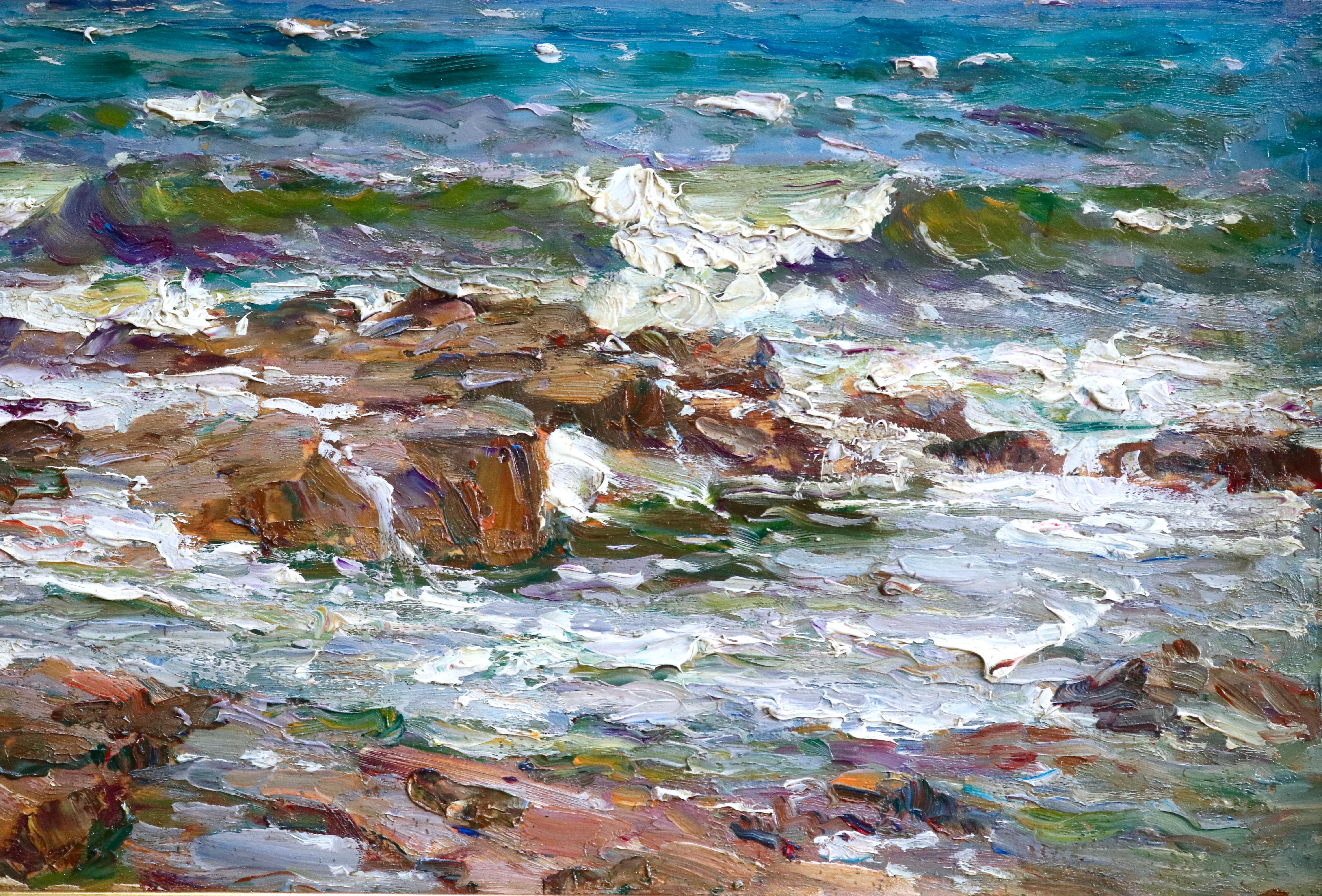 On The Coast - Saint Maxime - 19th Century Oil, Boat at Sea Landscape by Gaussen - Gray Landscape Painting by Adolphe Louis Gaussen