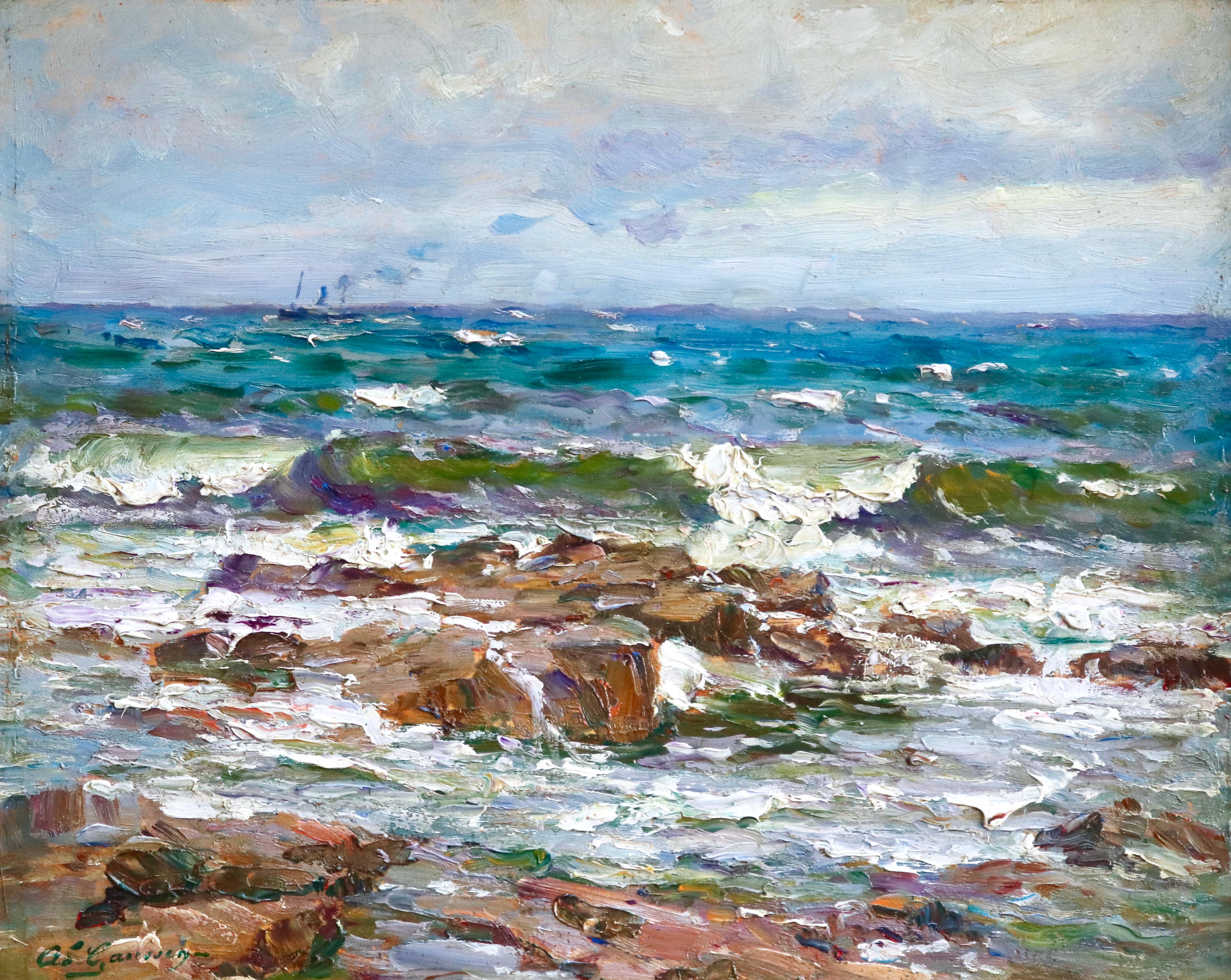 Landscape Painting Adolphe Louis Gaussen - The Coast - Saint Maxime - Huile du 19e siècle, paysage de bateau en mer par Gaussen