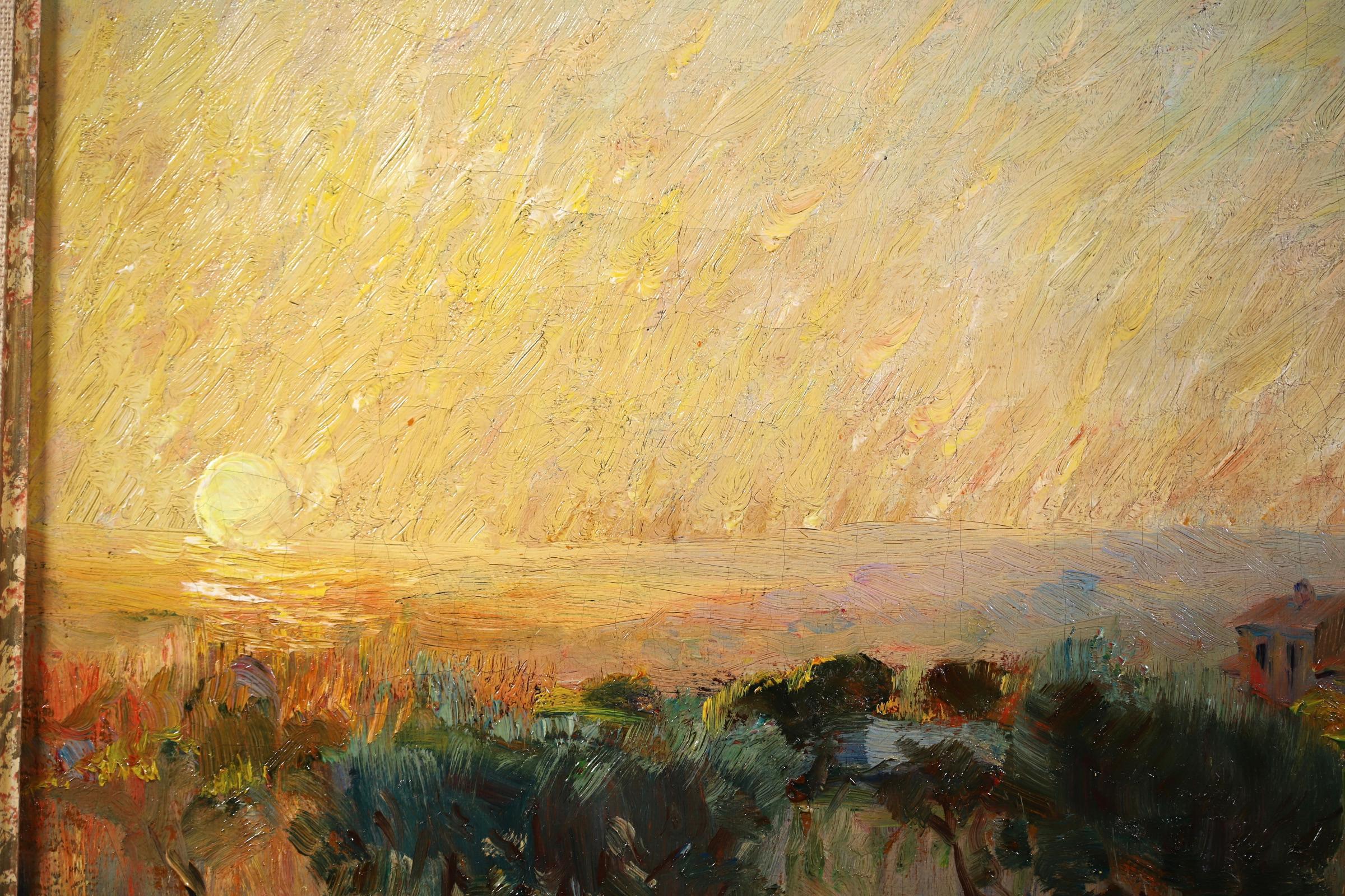 Post impressionist oil on panel circa 1910 by French painter Adolphe Louis Gaussen. The work depicts a view of trees and fields of Provence as the yellows sun sets on the horizon.

Signature:
Signed lower right

Dimensions:
Framed: 18