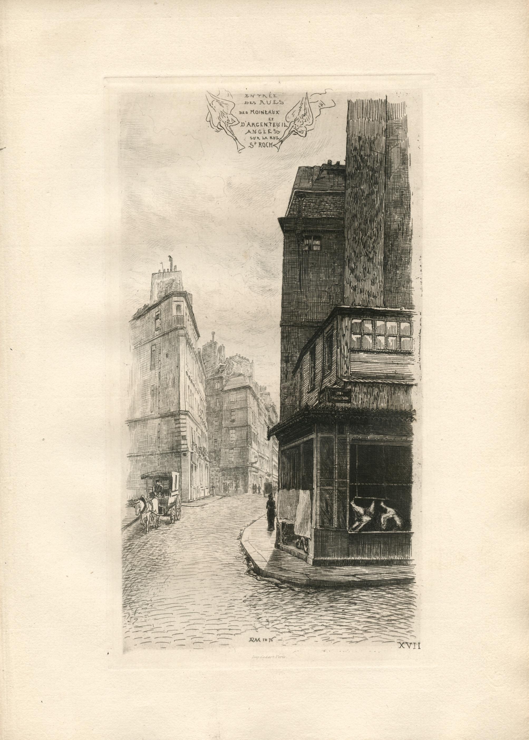 Original-Radierung „Angles sur la Rue St. Roch, Paris“ – Print von Adolphe Martial-Potémont