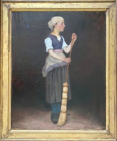 The Young Servant Girl Dreaming: large 19th Century Barbizon style painting