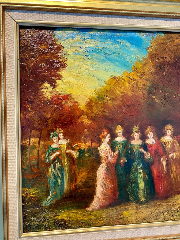 French Barbizon school painting Elegant group outdoors 1