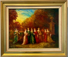 Antique French Barbizon school painting Elegant group outdoors