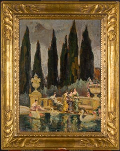 Fete Galante, olio su tela firmato, fine del XIX secolo, incorniciato.