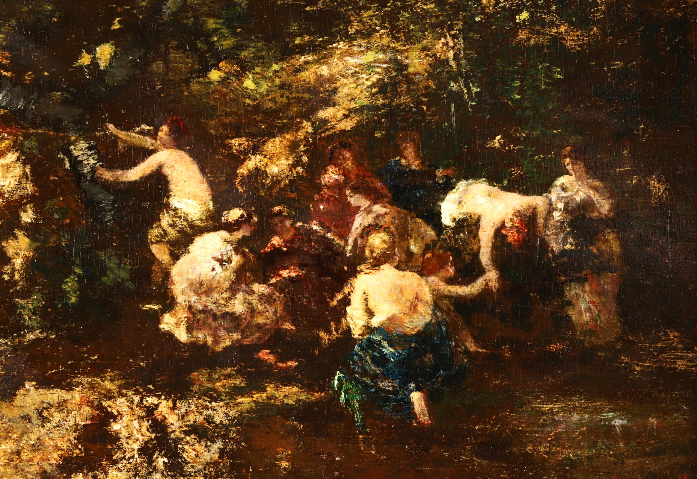 Signed figures in a landscape oil on panel circa 1876 by French painter Adolphe Joseph Thomas Monticelli. The work depicts depicting bathers in a river. 

Signature:
Signed lower right

Dimensions:
Framed: 14