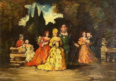 Antique Lively garden by Adolphe Monticelli - Oil on wood 41x57 cm