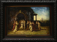 Painting of elegant French women in a garden party at dusk
