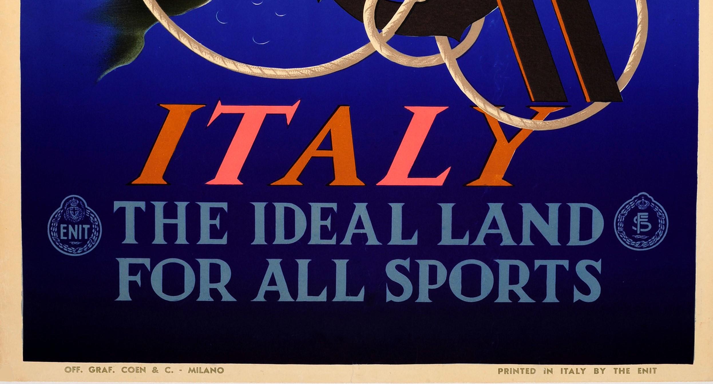 Poster di viaggio ENIT originale d'epoca di Cassandre Italia Terra ideale per tutti gli sport - Print Viola di Adolphe Mouron Cassandre