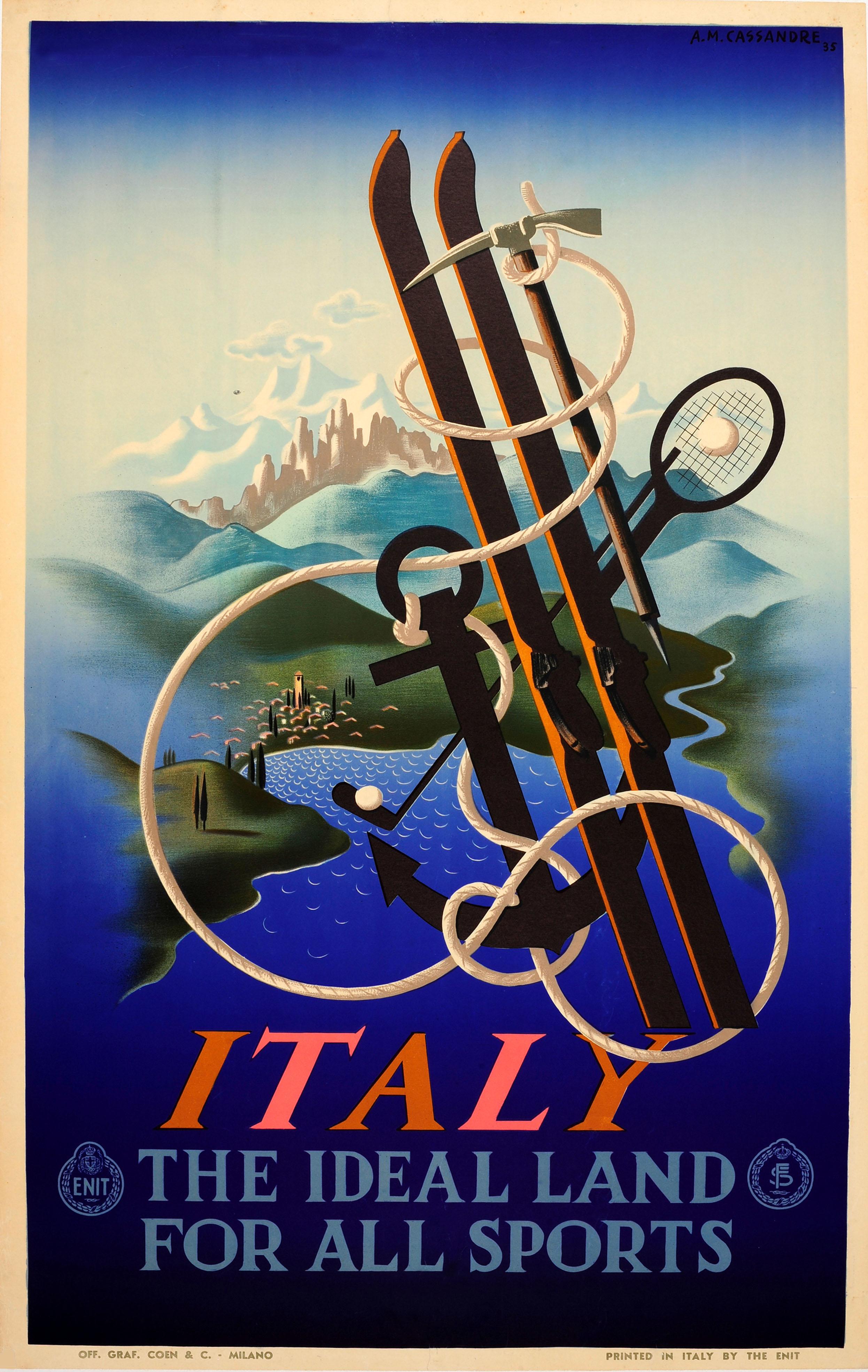 Print Adolphe Mouron Cassandre - Affiche de voyage ENIT originale vintage de Cassandre, « Italy, Ideal Land For All Sports »