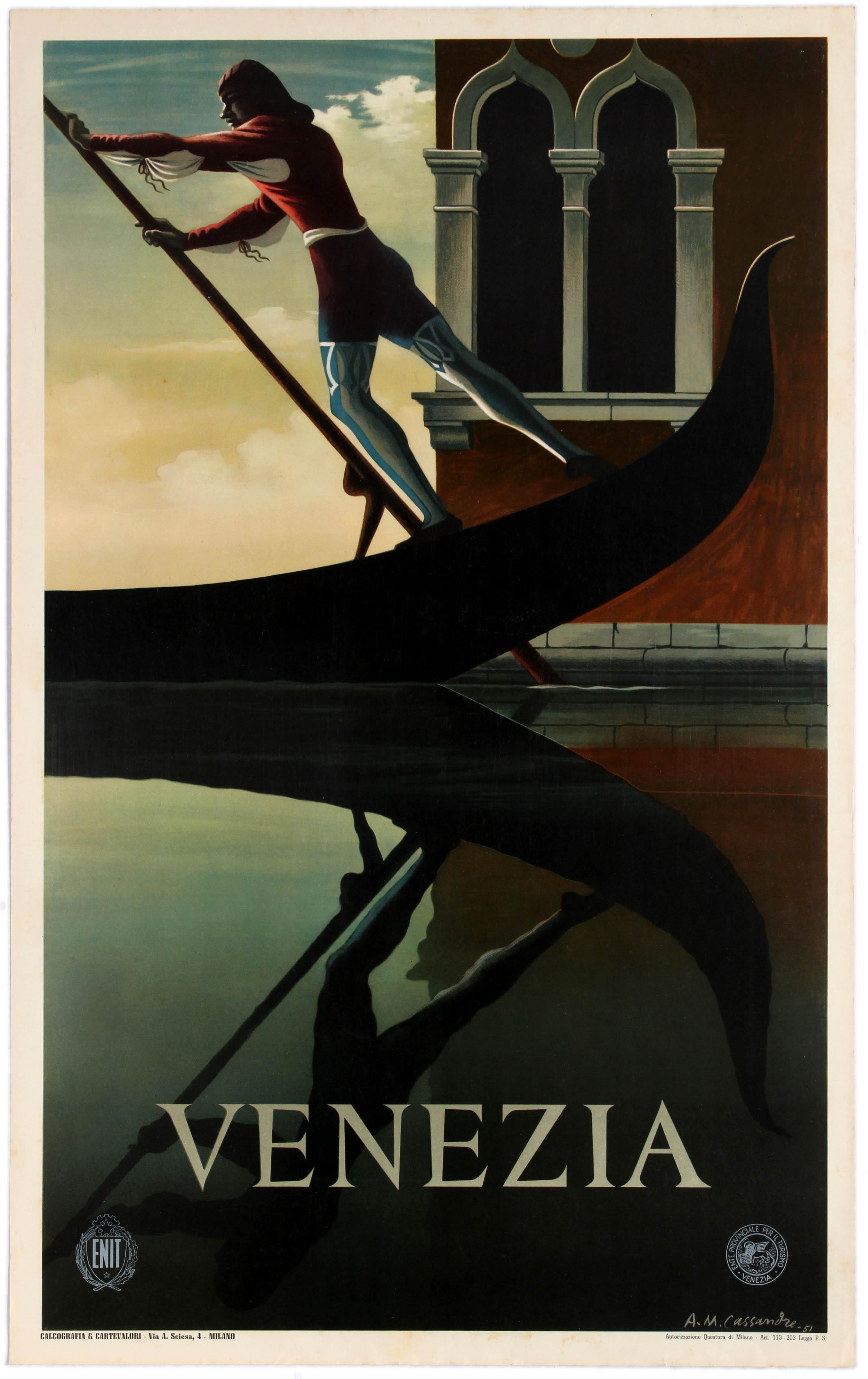 Adolphe Mouron Cassandre Print - Original Vintage Iconic ENIT Travel Poster By Cassandre Venice Venezia Gondola