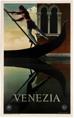 Affiche de voyage ENIT vintage emblématique originale par Cassandre Gondole de Venise Venise