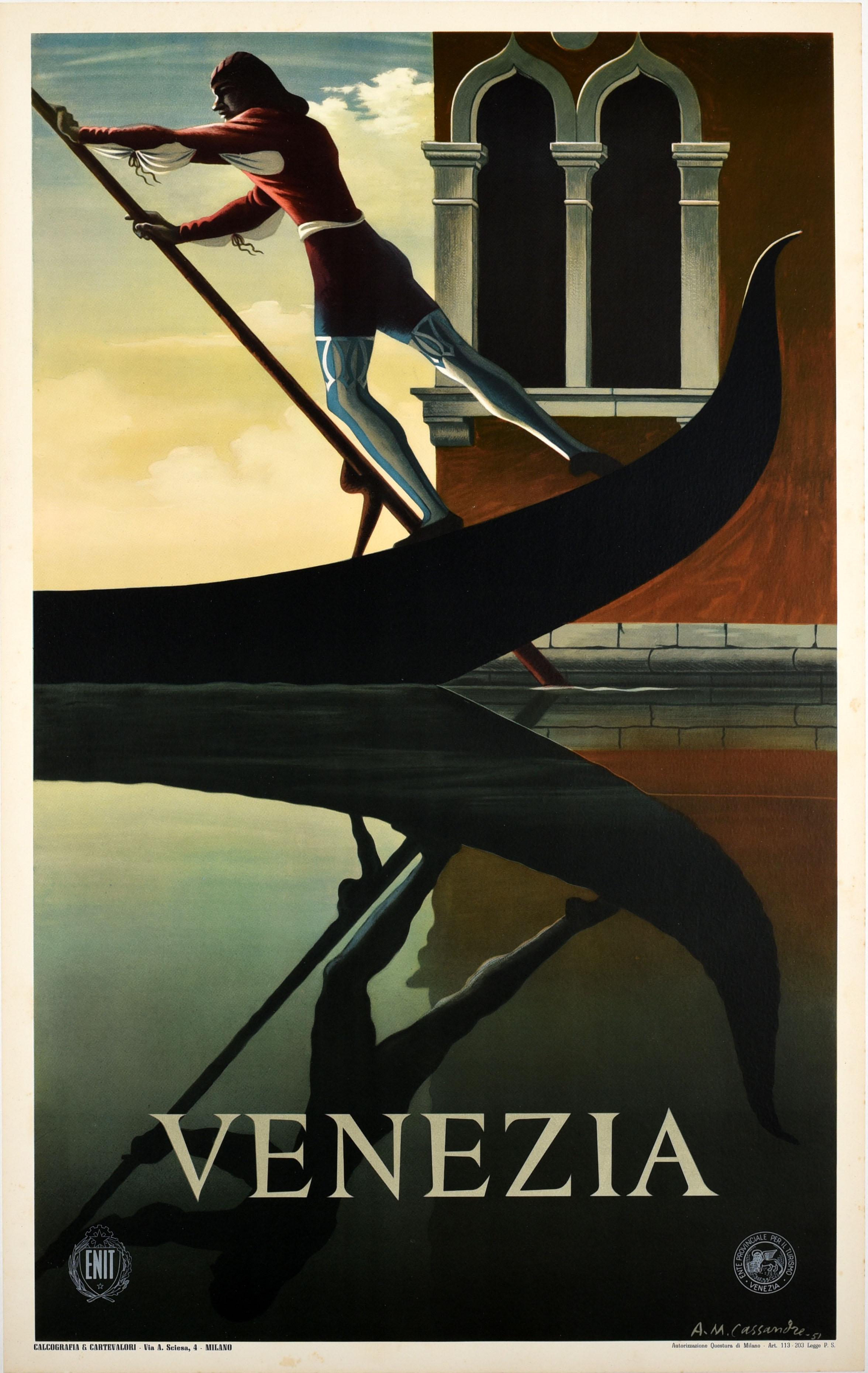 Adolphe Mouron Cassandre Print - Original Vintage Iconic ENIT Travel Poster By Cassandre Venice Venezia Gondola