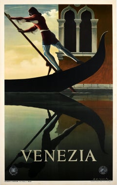 Affiche de voyage vintage originale et emblématique de l'ENIT par Cassandre Venice Venezia Gondola