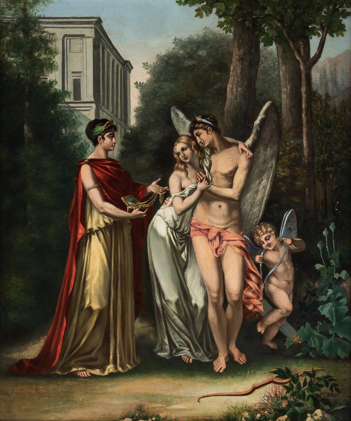 French Adolphe Perrot Oil on Canvas Allegory of Love and Friendship 19th-Century