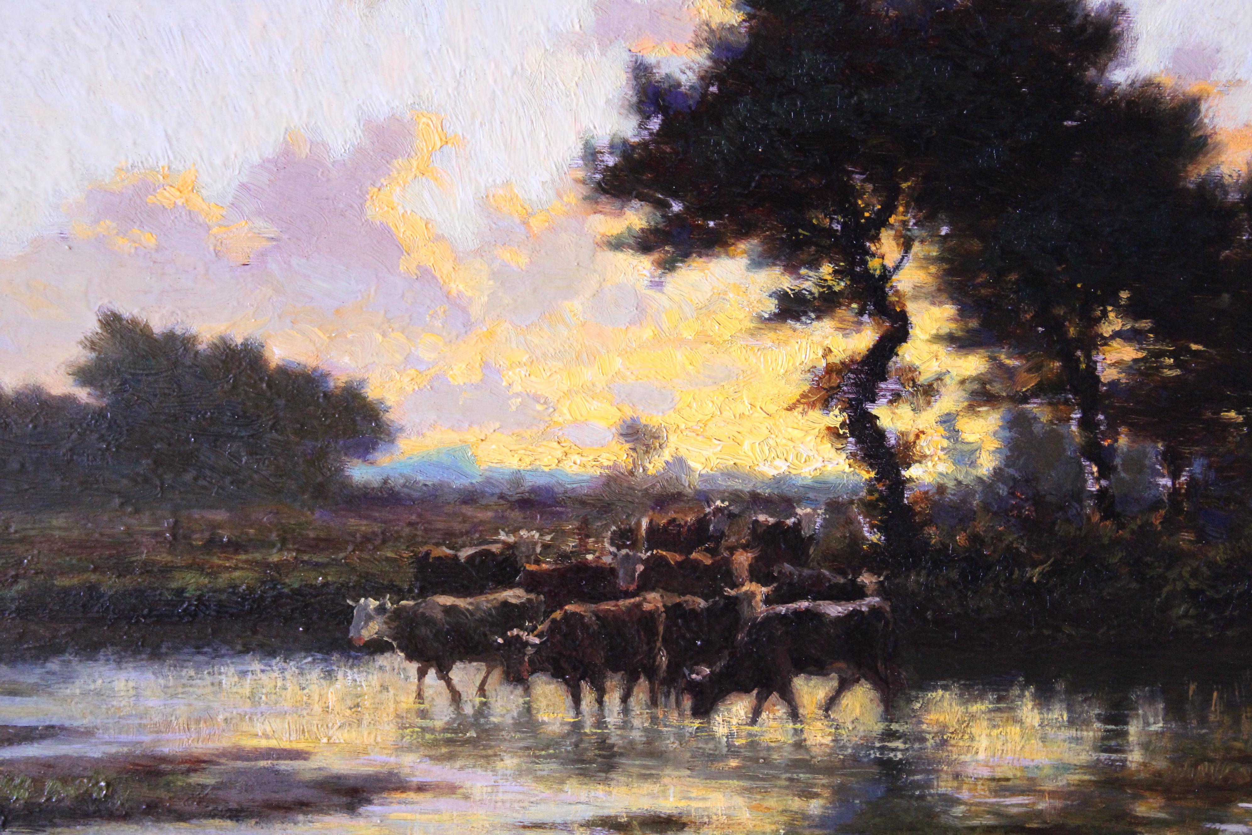 Antique landscape sunset and cows, Les Vaches by Adolphe Potter For Sale 9
