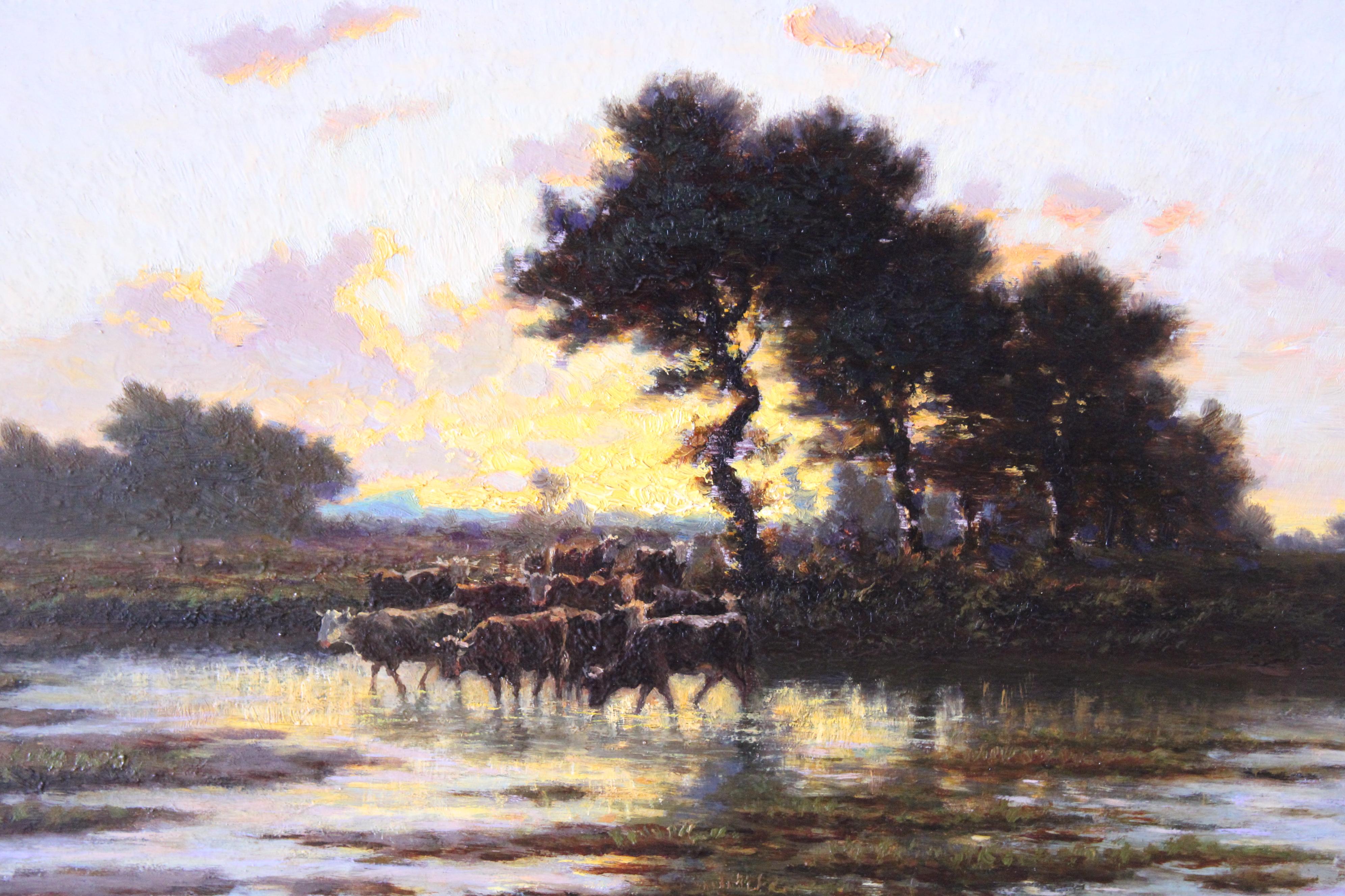 Antique landscape sunset and cows, Les Vaches by Adolphe Potter For Sale 10
