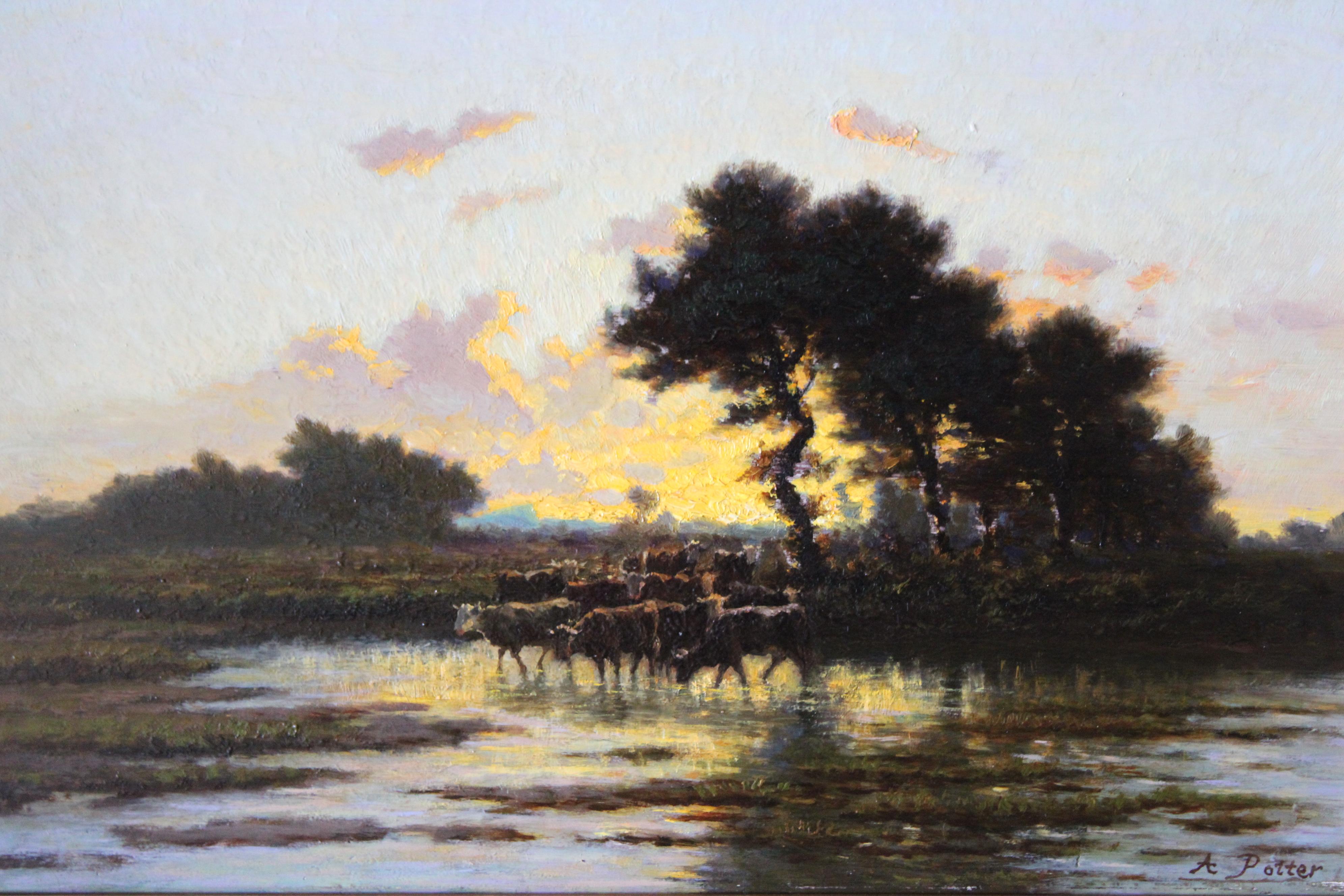 Antiker Landschafts-Sonnenuntergang und Kühe, Les Vaches von Adolphe Potter im Angebot 1