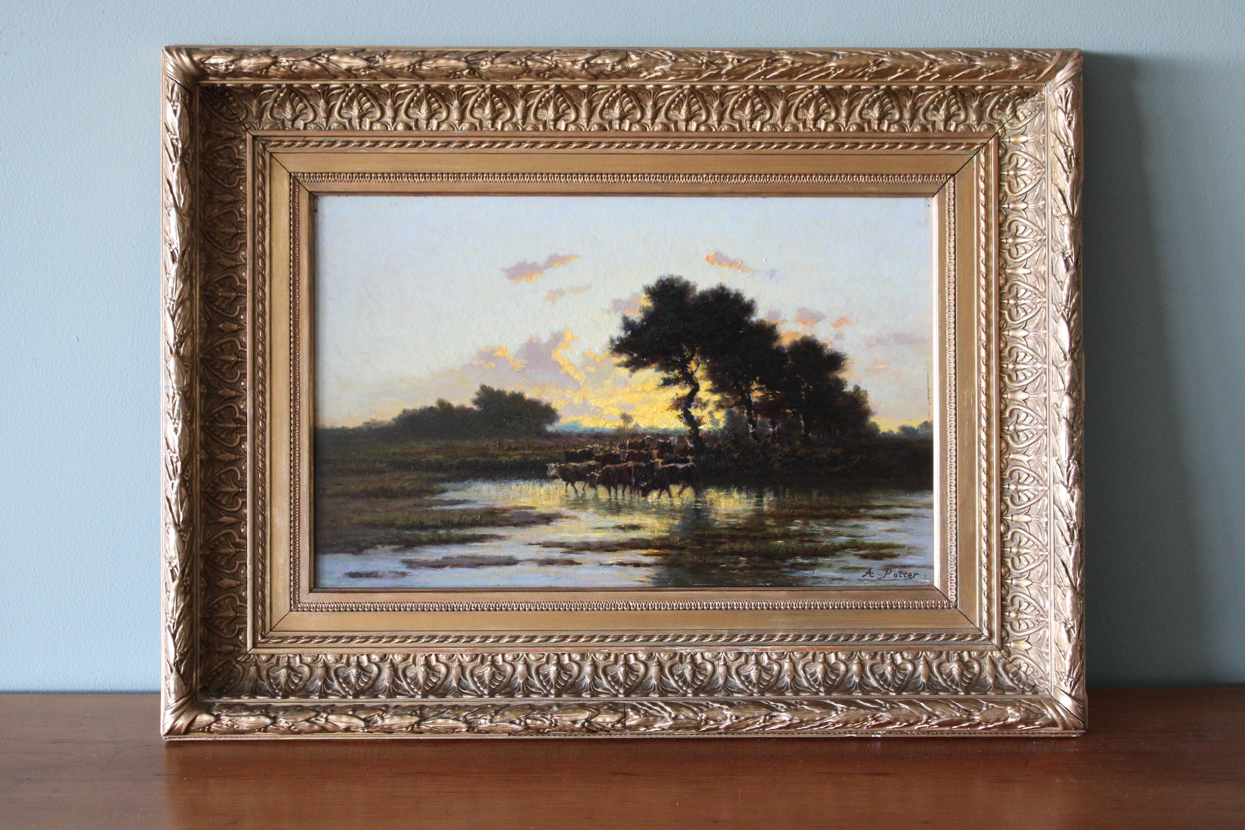 Paisaje antiguo puesta de sol y vacas, Les Vaches por Adolphe Potter 2