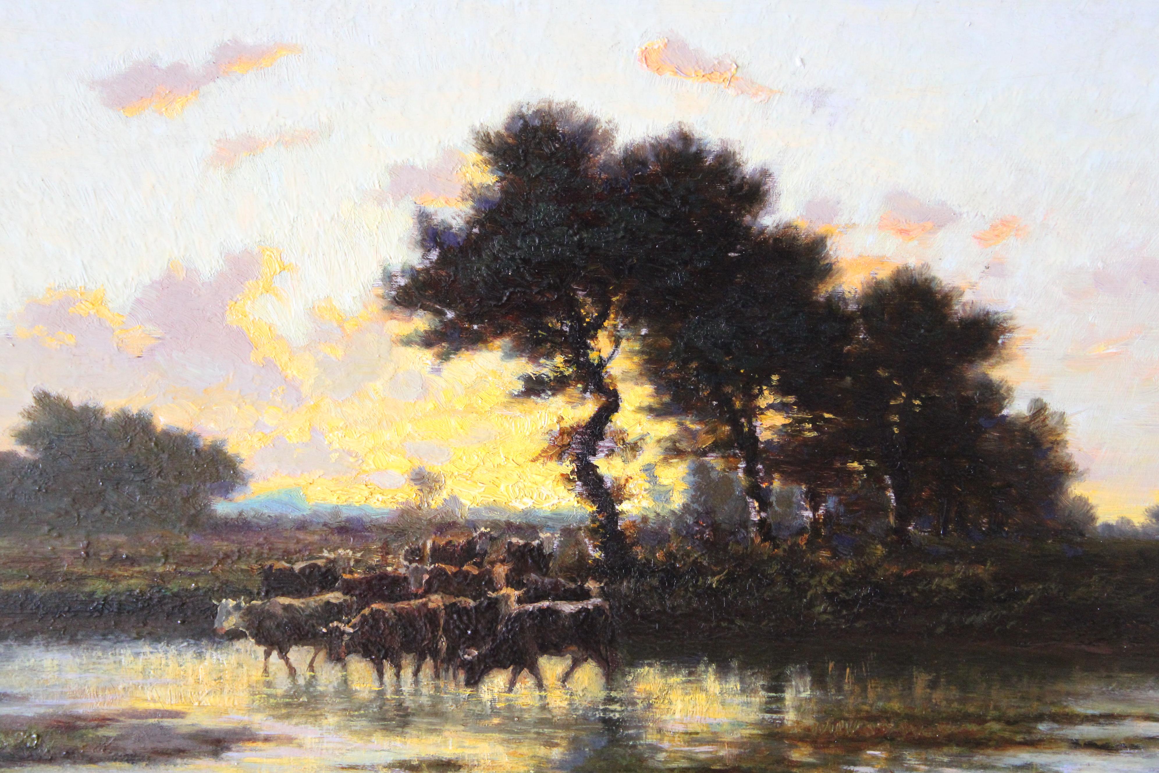 Antique landscape sunset and cows, Les Vaches by Adolphe Potter For Sale 3