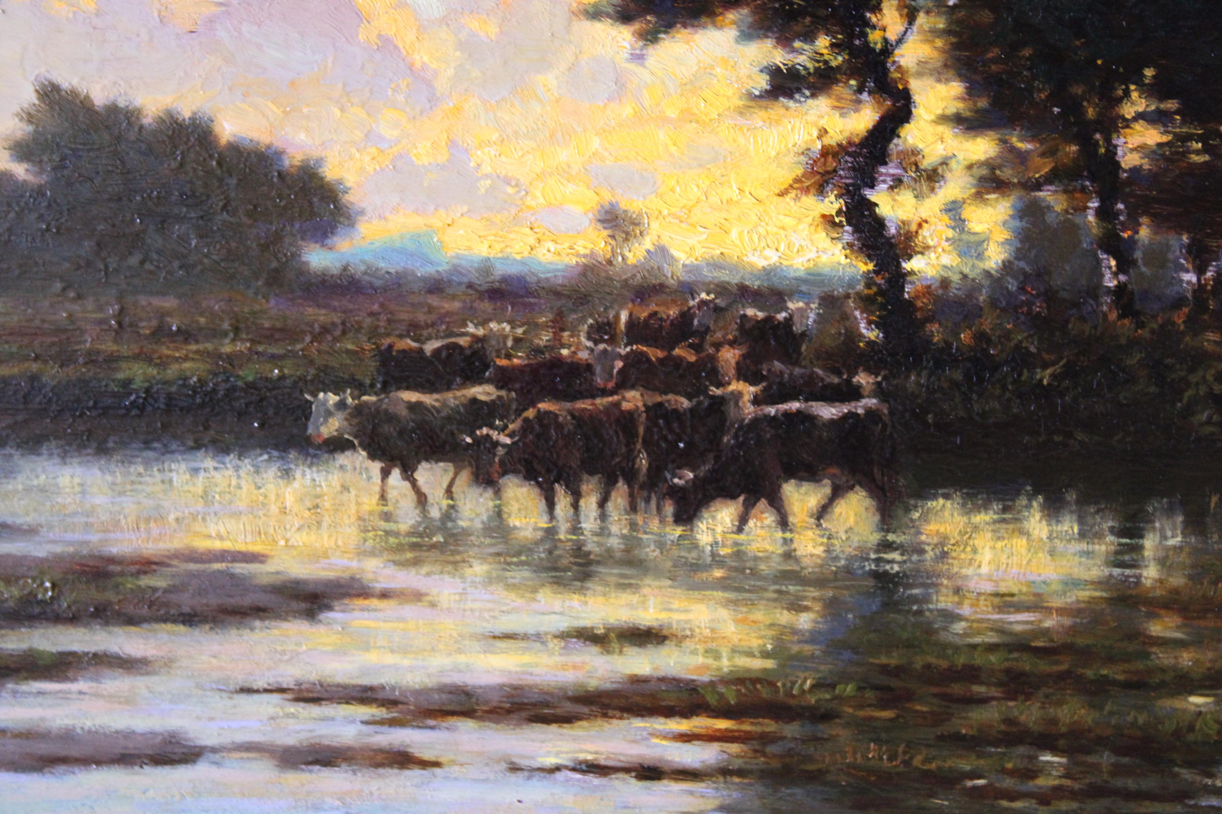 Antiker Landschafts-Sonnenuntergang und Kühe, Les Vaches von Adolphe Potter im Angebot 4
