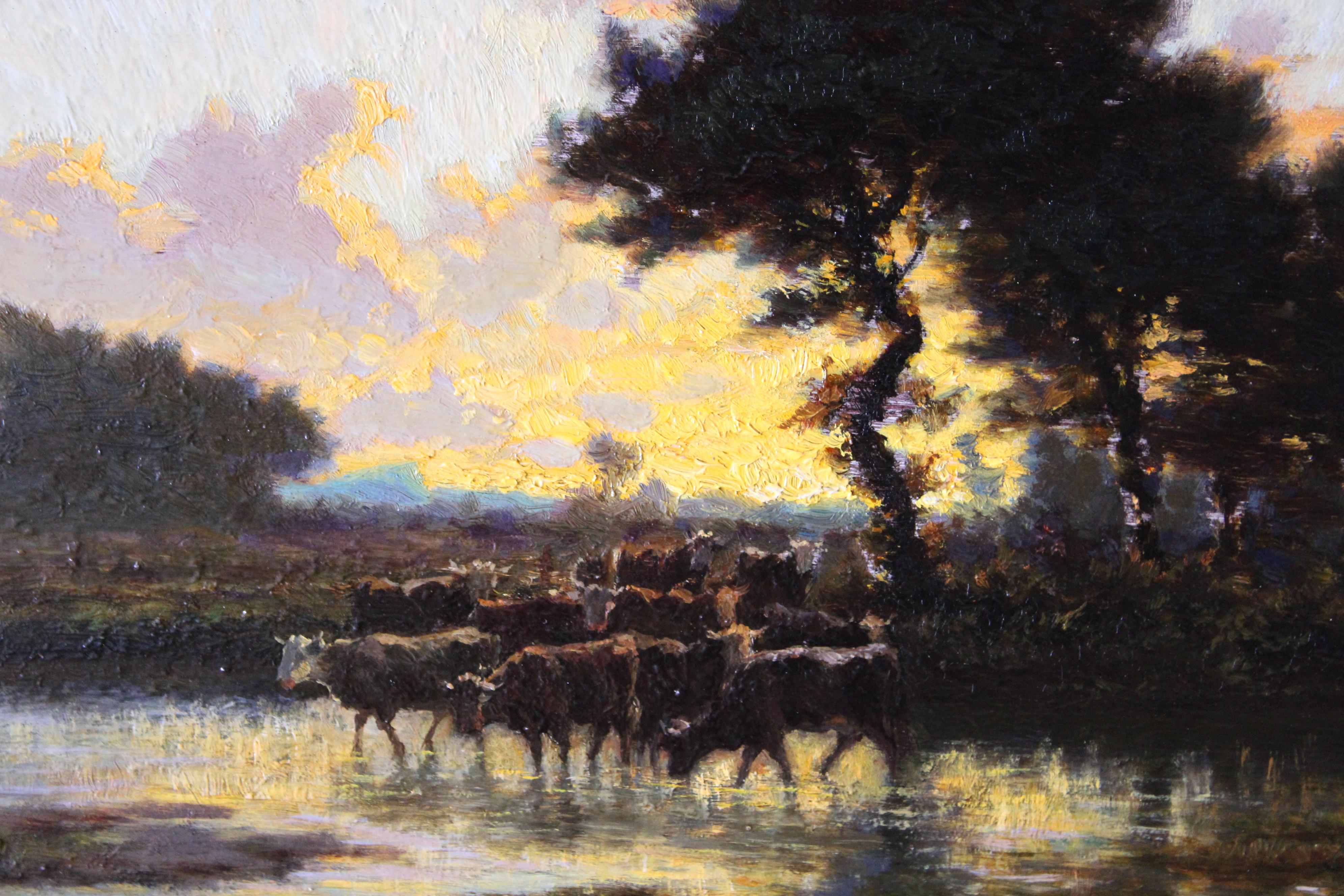 Antique landscape sunset and cows, Les Vaches by Adolphe Potter For Sale 5