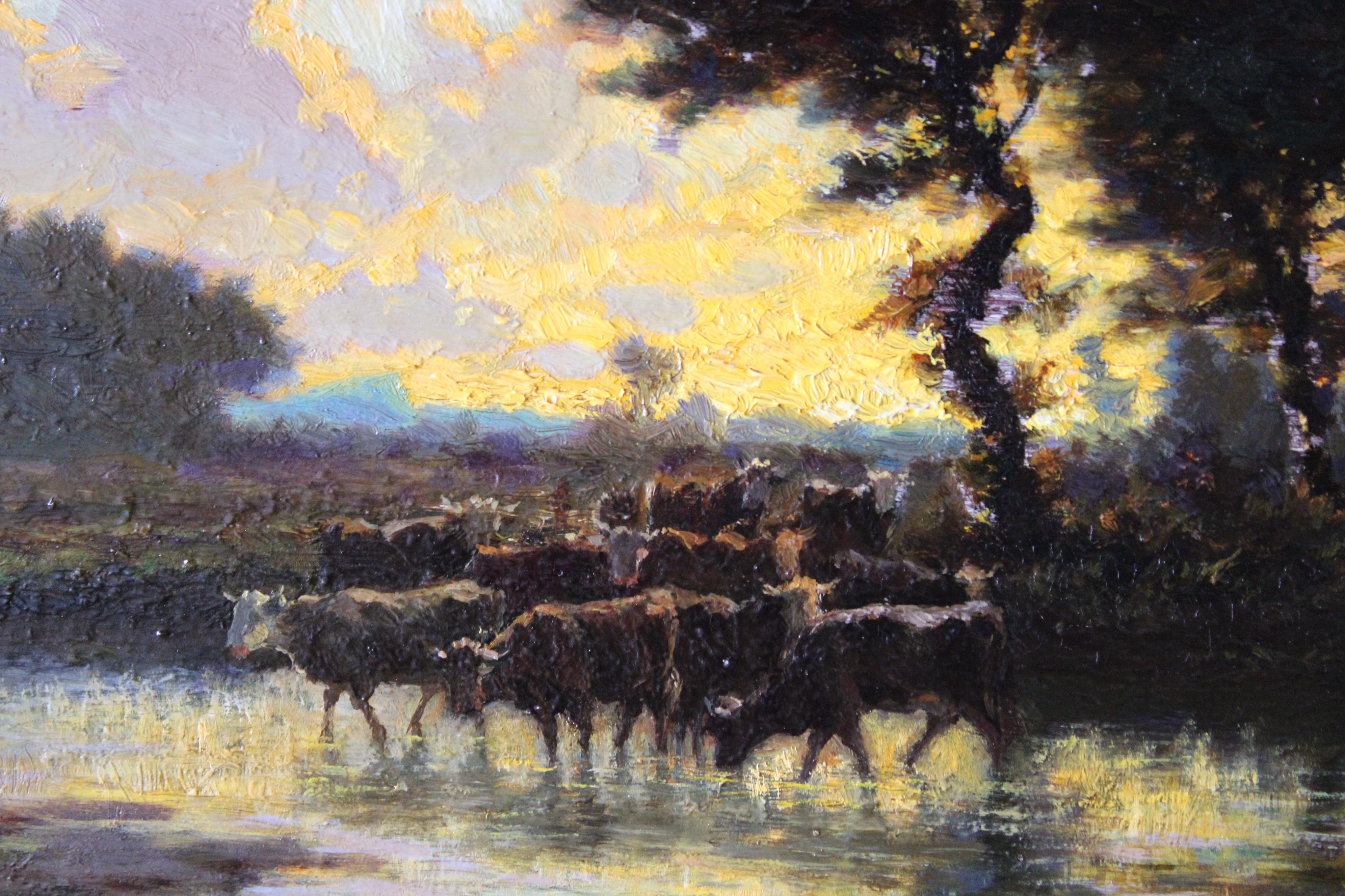 Antiker Landschafts-Sonnenuntergang und Kühe, Les Vaches von Adolphe Potter im Angebot 7