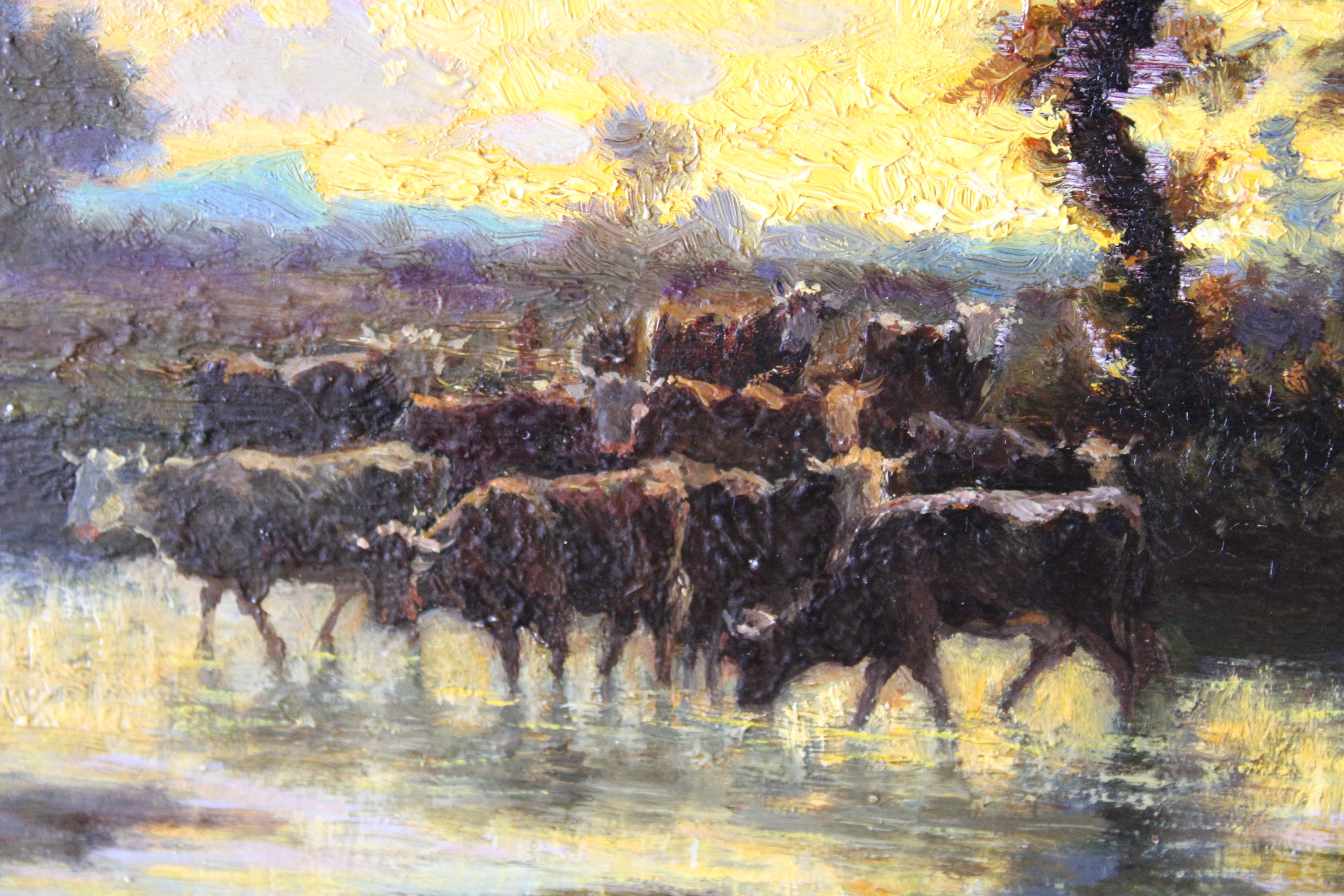 Antiker Landschafts-Sonnenuntergang und Kühe, Les Vaches von Adolphe Potter im Angebot 8