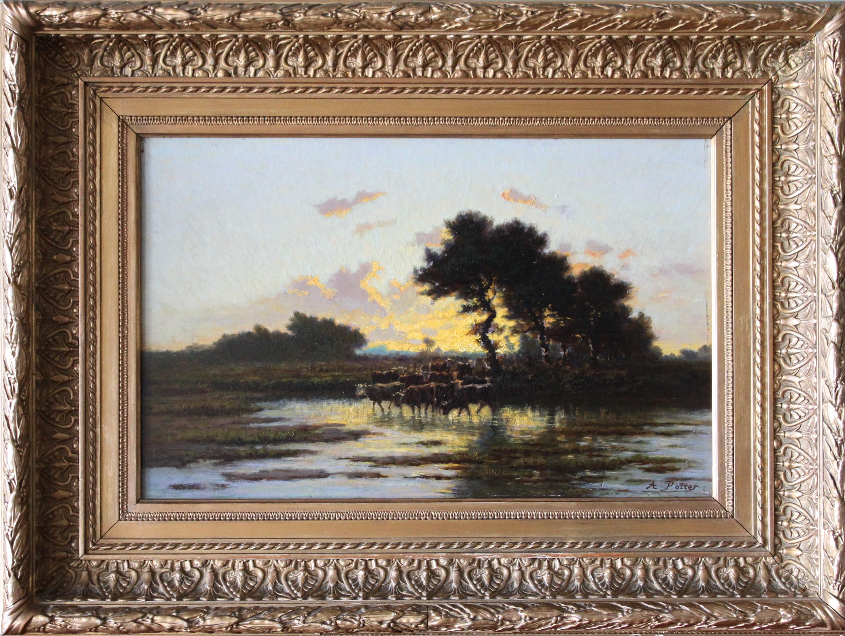 Les Vaches by Adolphe Potter (1835-1911)

Antique countryside sunset oil painting with cows on wood, signed in the bottom right Adople Potte (1835-1911).  This distinctive oil painting on smooth board in an old frame clearly demonstrates the