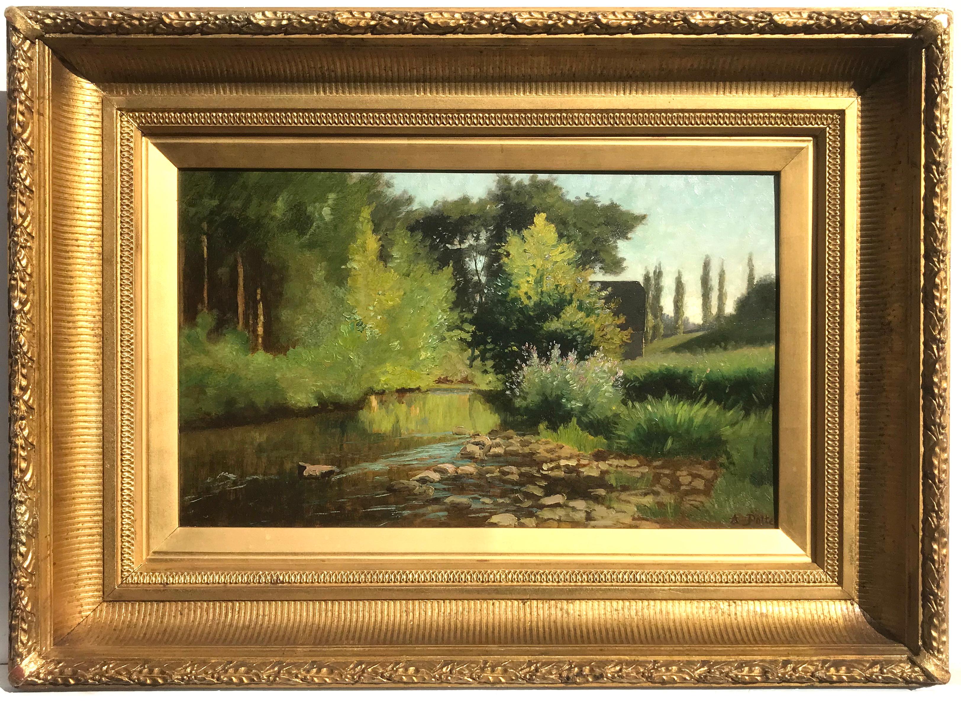 Adolphe Potter Landscape Painting - Italian River Landscape, Oil on Panel Painting