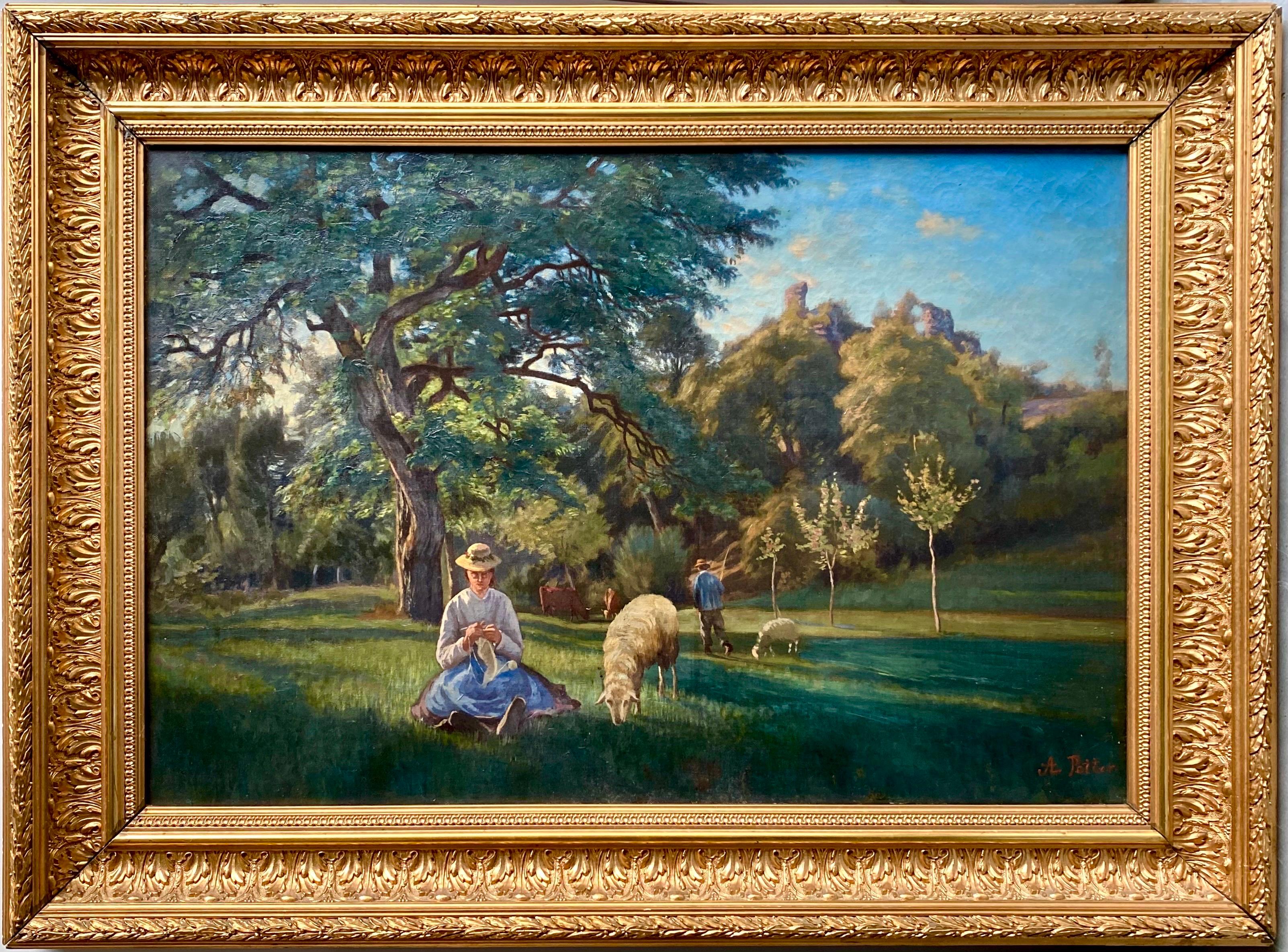 Adolphe Potter Landscape Painting - Romantic 19th century Swiss painting of a Girl with her sheep - Barbizon