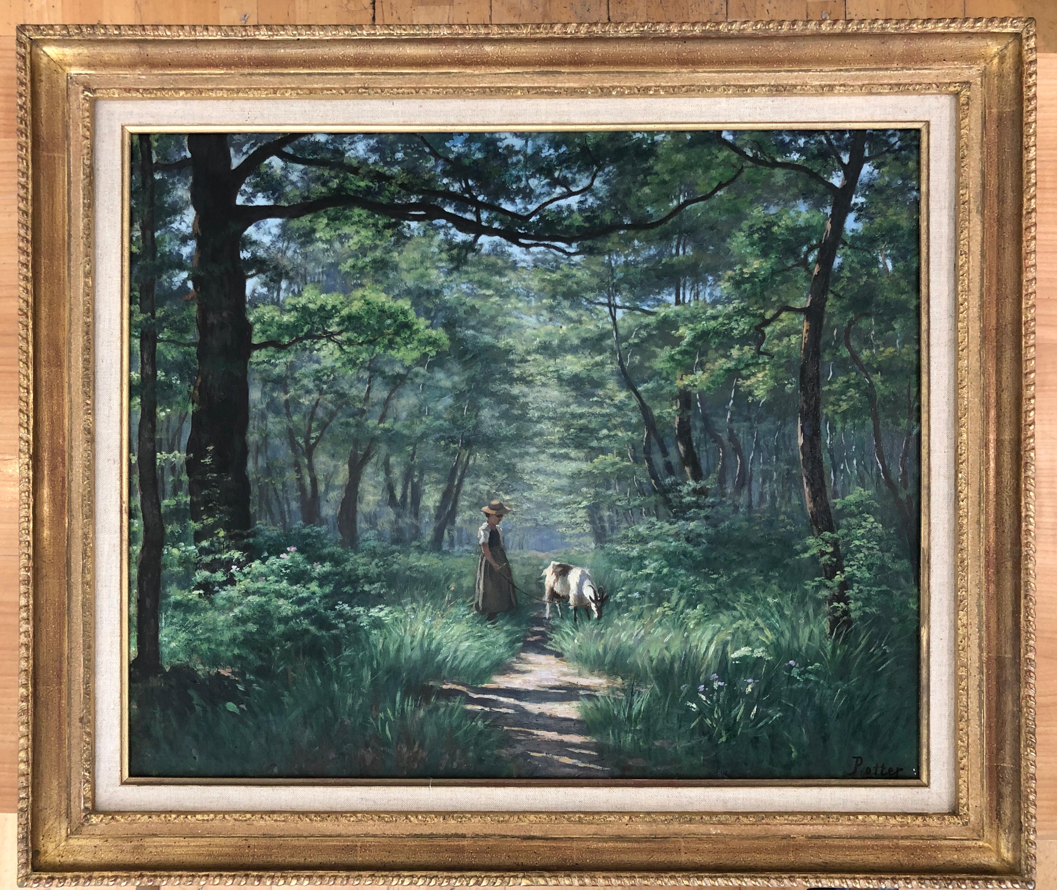 Woman and goat in a wooded landscape - Painting by Adolphe Potter