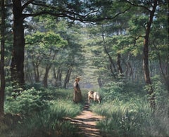 Woman and goat in a wooded landscape