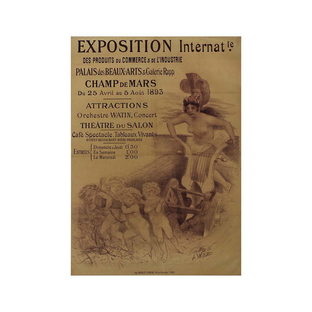 In the realm of vintage poster art, Adolphe Willette's 1893 masterpiece for the Exposition Internationale des Produits du Commerce et de l'Industrie offers a captivating window into a bygone era of innovation and industry. This poster not only