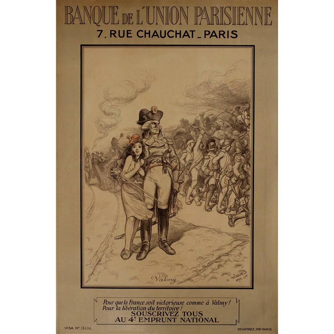 The 1918 original poster by Adolphe Willette, created for the Banque de l'Union Parisienne, is a compelling piece of wartime propaganda, urging citizens to contribute to the fourth national loan (4e Emprunt National). This poster, titled Pour que la