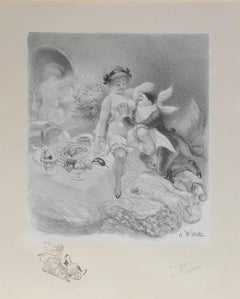 Lithographie d'origine d'Adolphe Willette signée à la main « Seven Deadly Sins » (Six péchés mortels) - Nu érotique