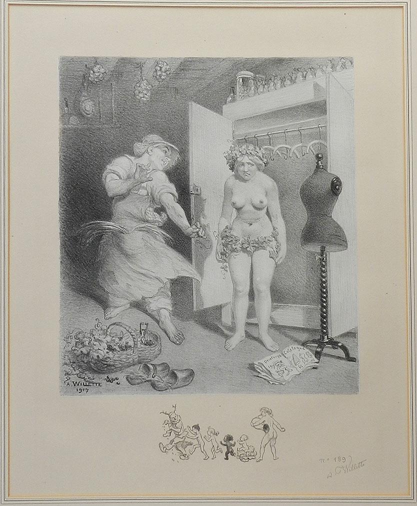 Original handsignierte Lithographie "Sieben verheißende Fessel" von Adolphe Willette, erotisches Akt