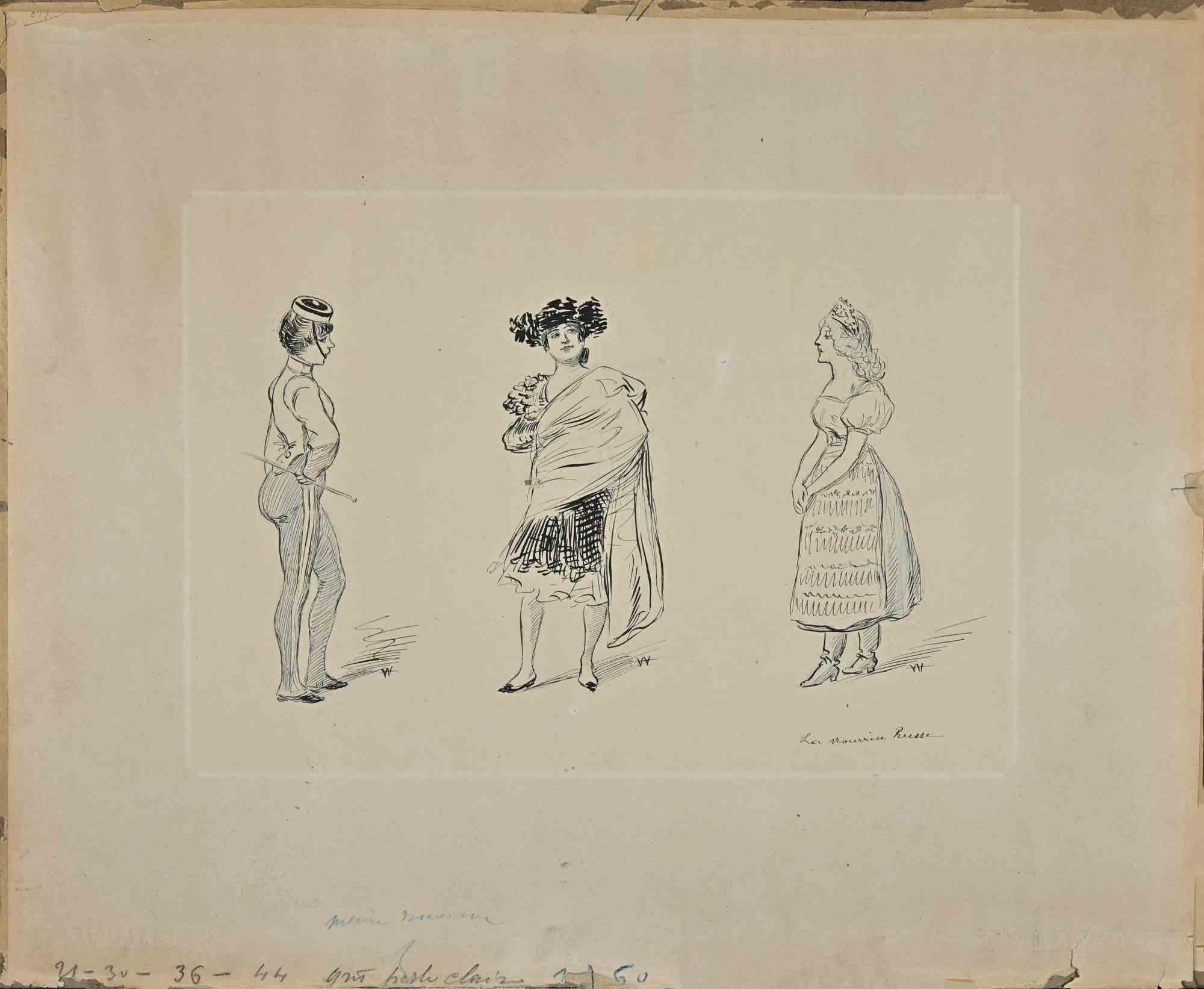 Zeichen ist eine Zeichnung in Feder, die vom Künstler Willette (Adolphe Léon) verwirklicht wurde.

Signatur am unteren rechten Rand.

Adolphe Léon Willette (30. Juli 1857, Châlons-sur-Marne - 4. Februar 1926, Paris) war ein französischer Maler,