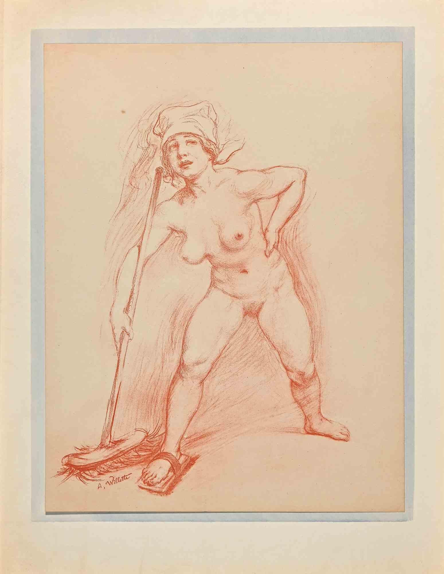 Reinigender Akt - Lithographie von Adolphe Willette - Anfang 20. Jahrhundert 