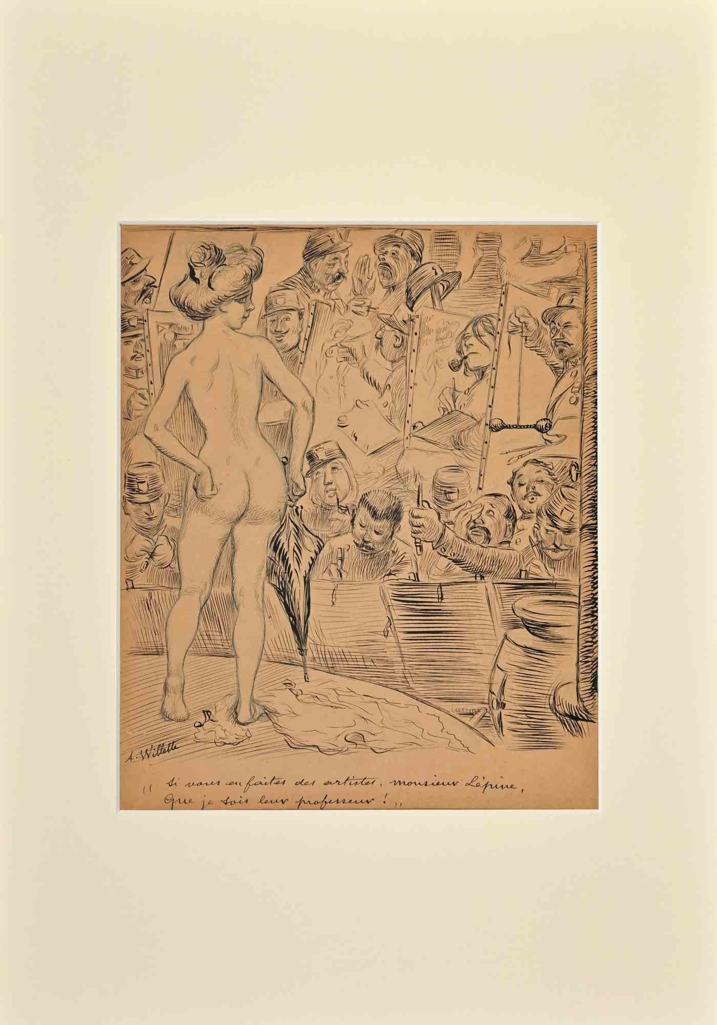 Ecole de Peinture  - Drawing by Adolphe Willette - Late-19th century 