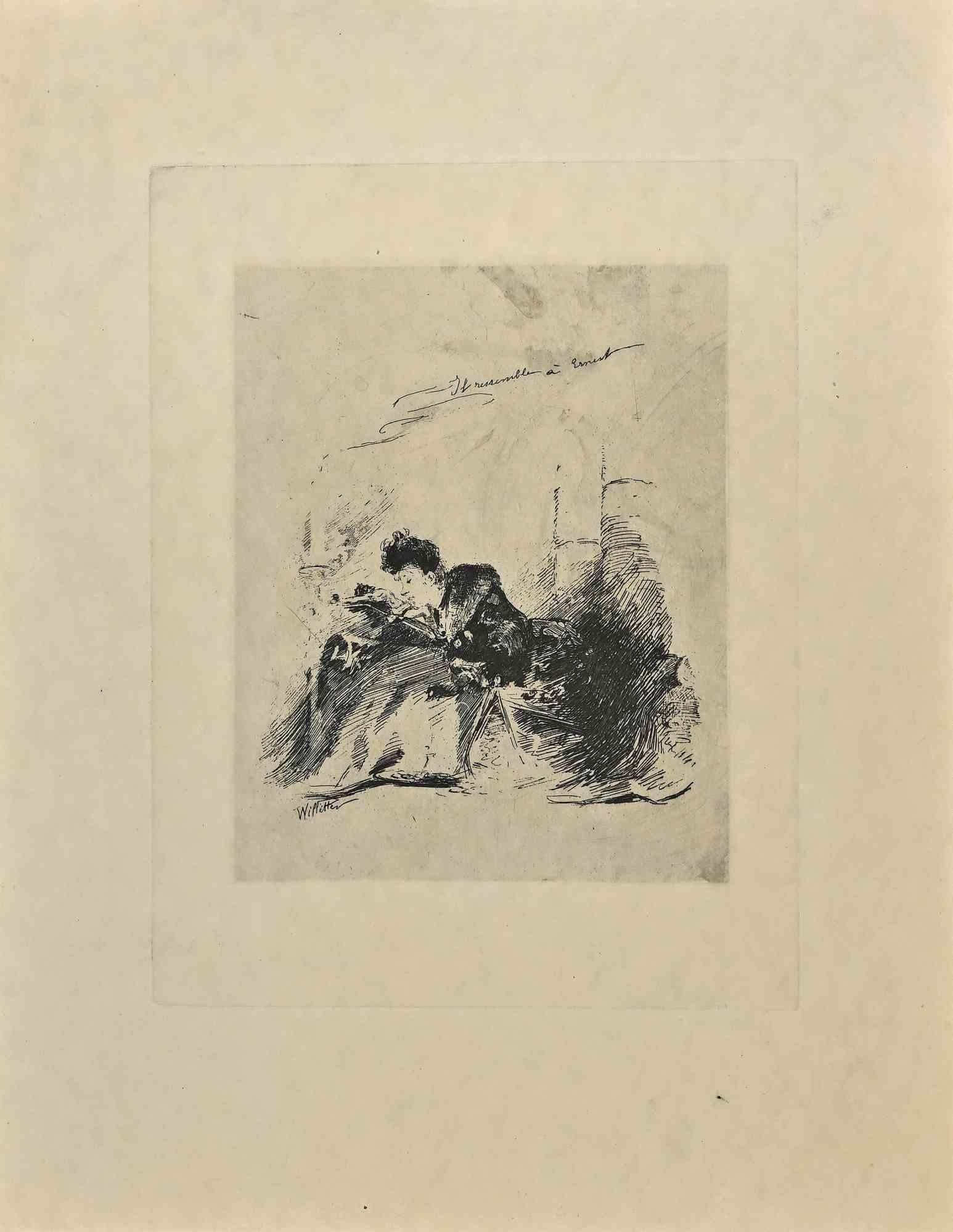 Adolphe Willette Portrait Print – Il Ressemble à Ernest - Radierung von Adolphe Willett - Ende des 19. 