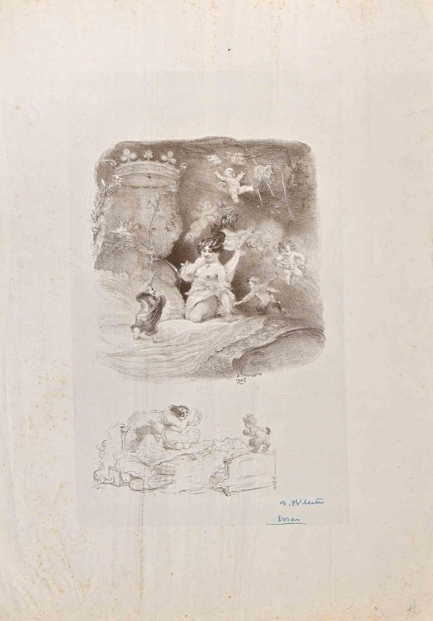 Dame mit Amoretten und Zwerg ist eine Lithographie aus dem Jahr 1906 von Willette (Adolphe Léon).

Handsigniert mit Bleistift in der rechten unteren Ecke.

Guter Zustand mit Falten und verbrauchten Rändern.

Adolphe Léon Willette (30. Juli 1857,